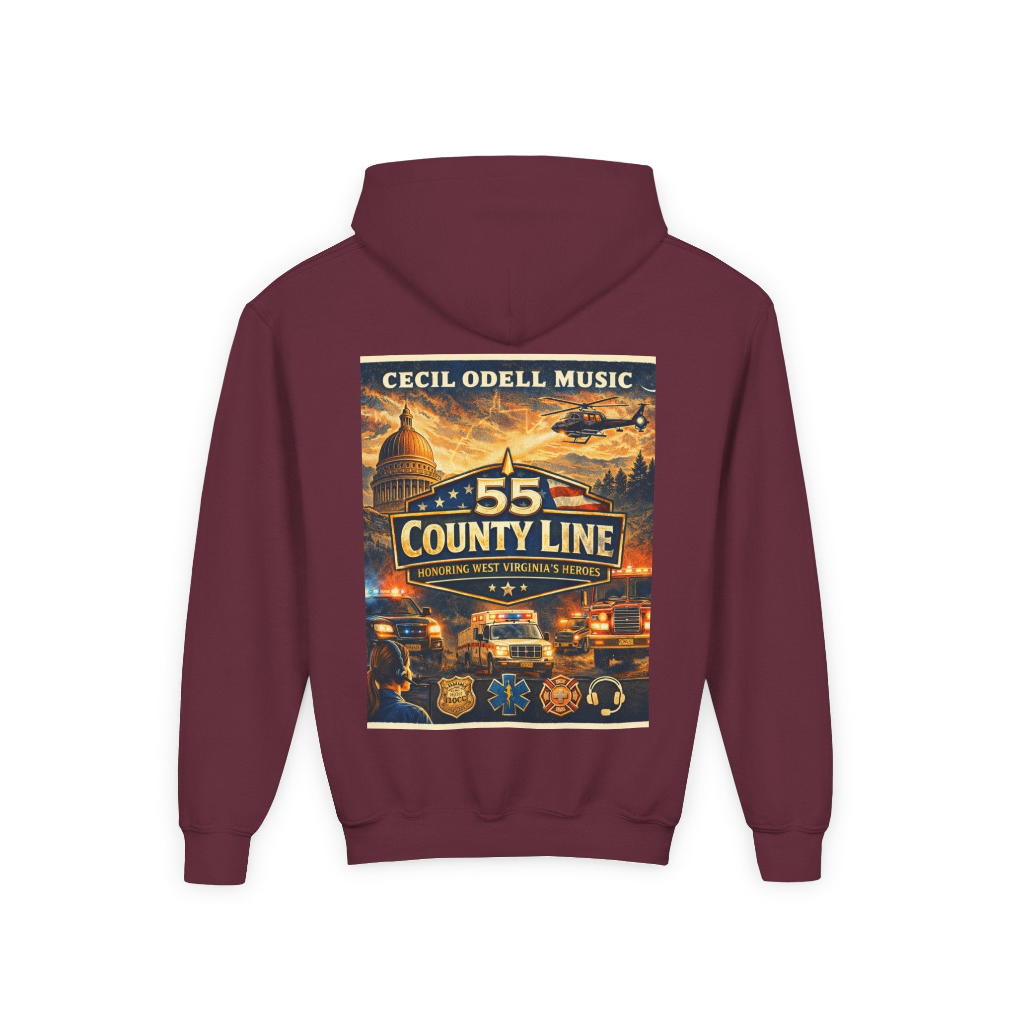 Youth Hoodie - '55 County Line' West Virginia Line Music Graphic Pullover