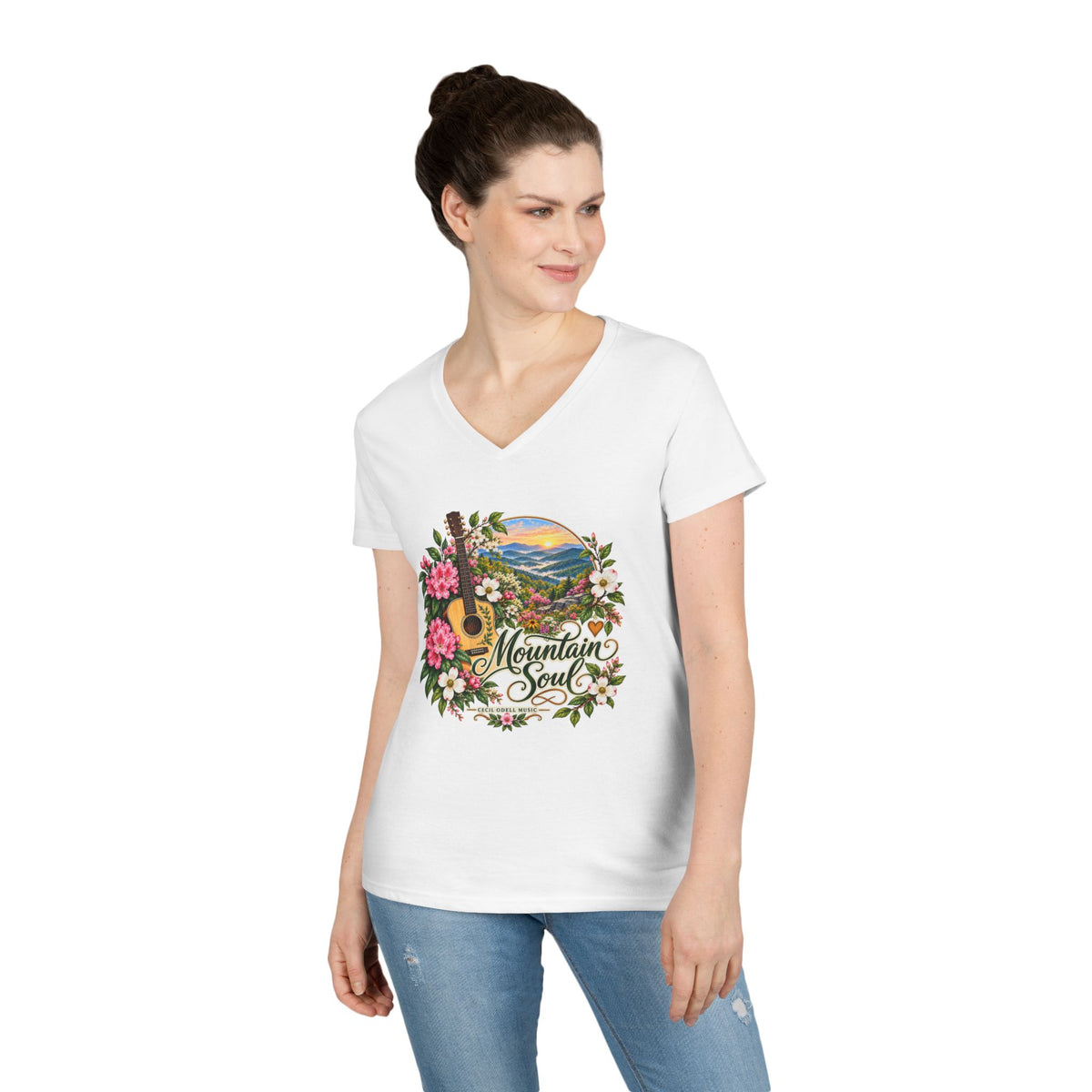 Mountain Soul V-Neck Tee — Floral Guitar Scenic Women's T-Shirt