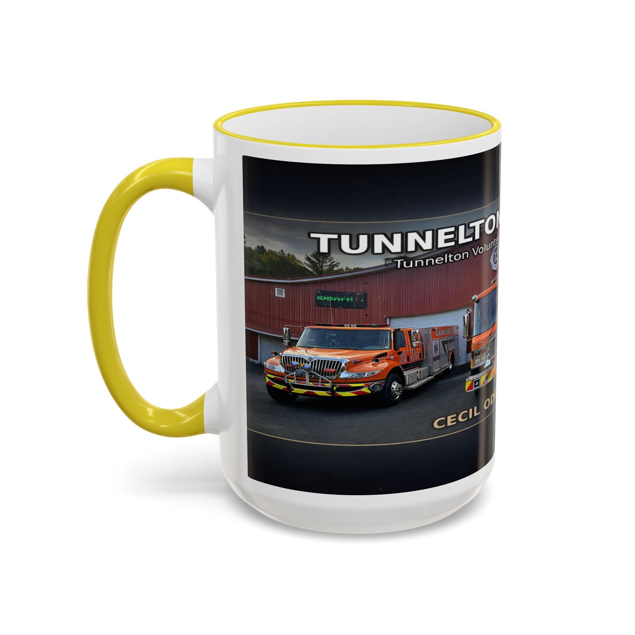 Fire Truck Photo Accent Rim Mug: "Cecil Odell Music" Volunteer Fire Department Tribute (11oz/15oz)