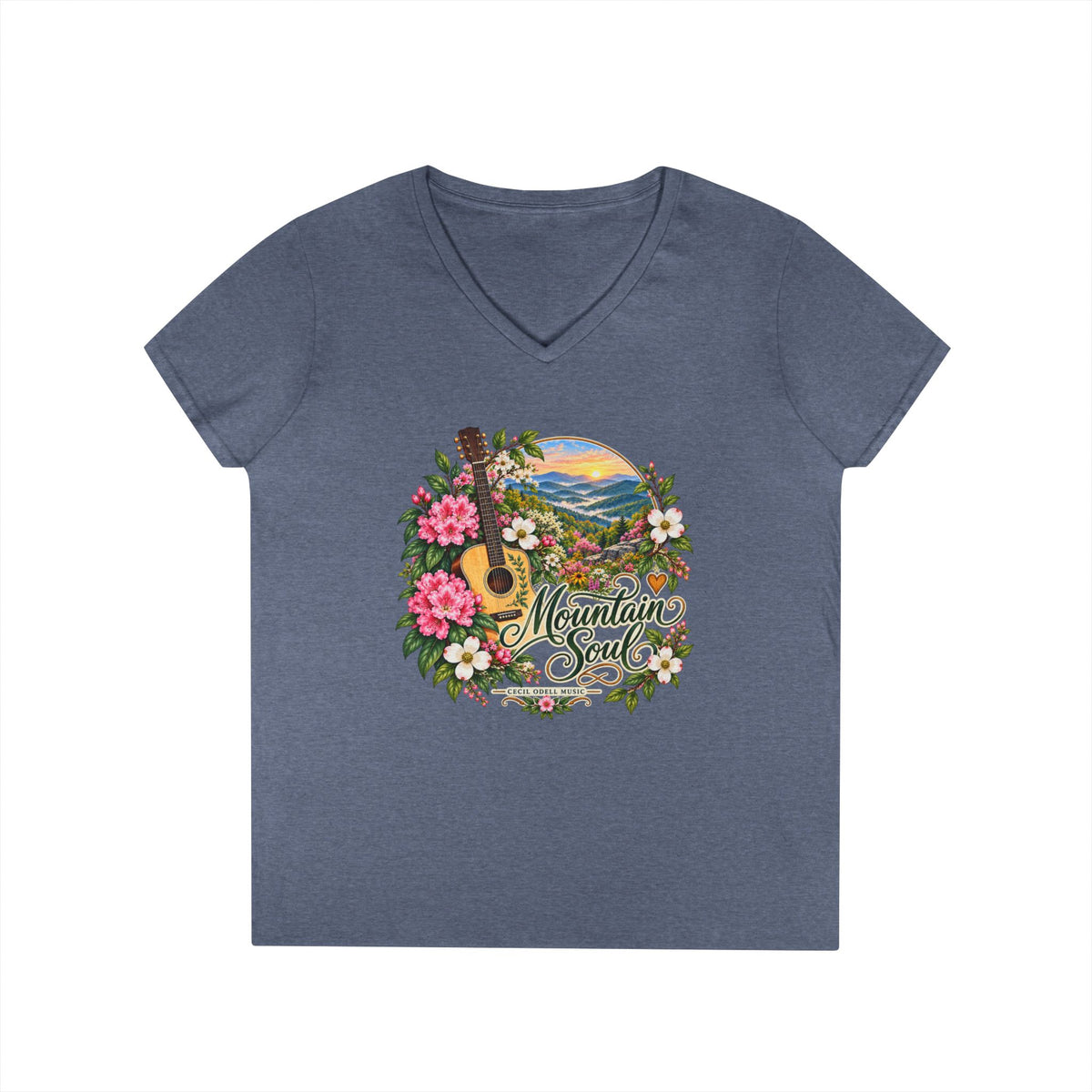 Mountain Soul V-Neck Tee — Floral Guitar Scenic Women's T-Shirt