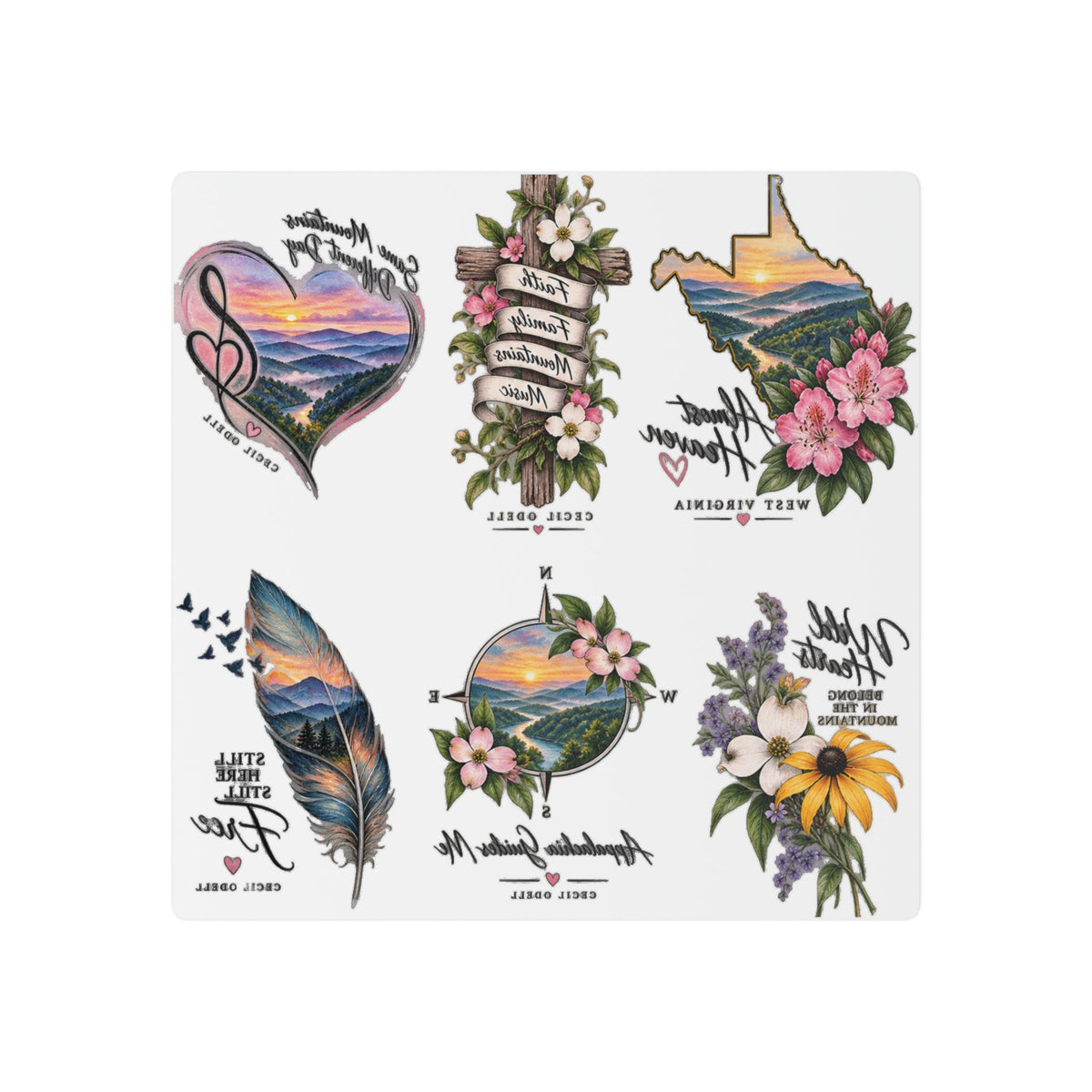 Nature Sunset Temporary Tattoos — Floral, Feather & State Silhouette Designs