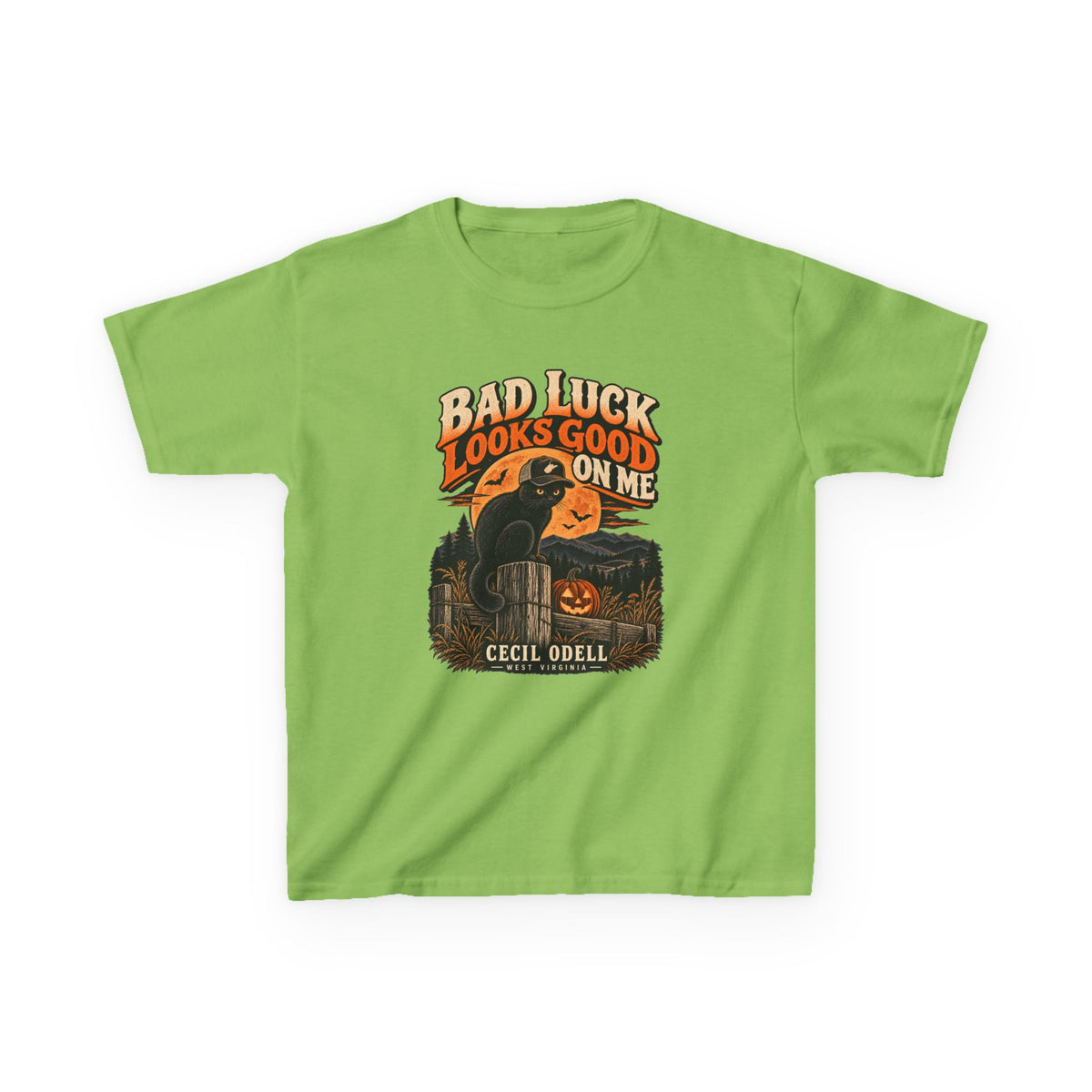 Bad Luck Looks Good on Me Kids Halloween Tee | Cecil Odell