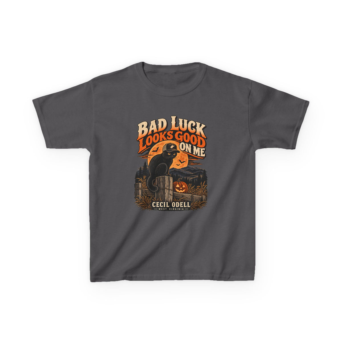 Bad Luck Looks Good on Me Kids Halloween Tee | Cecil Odell