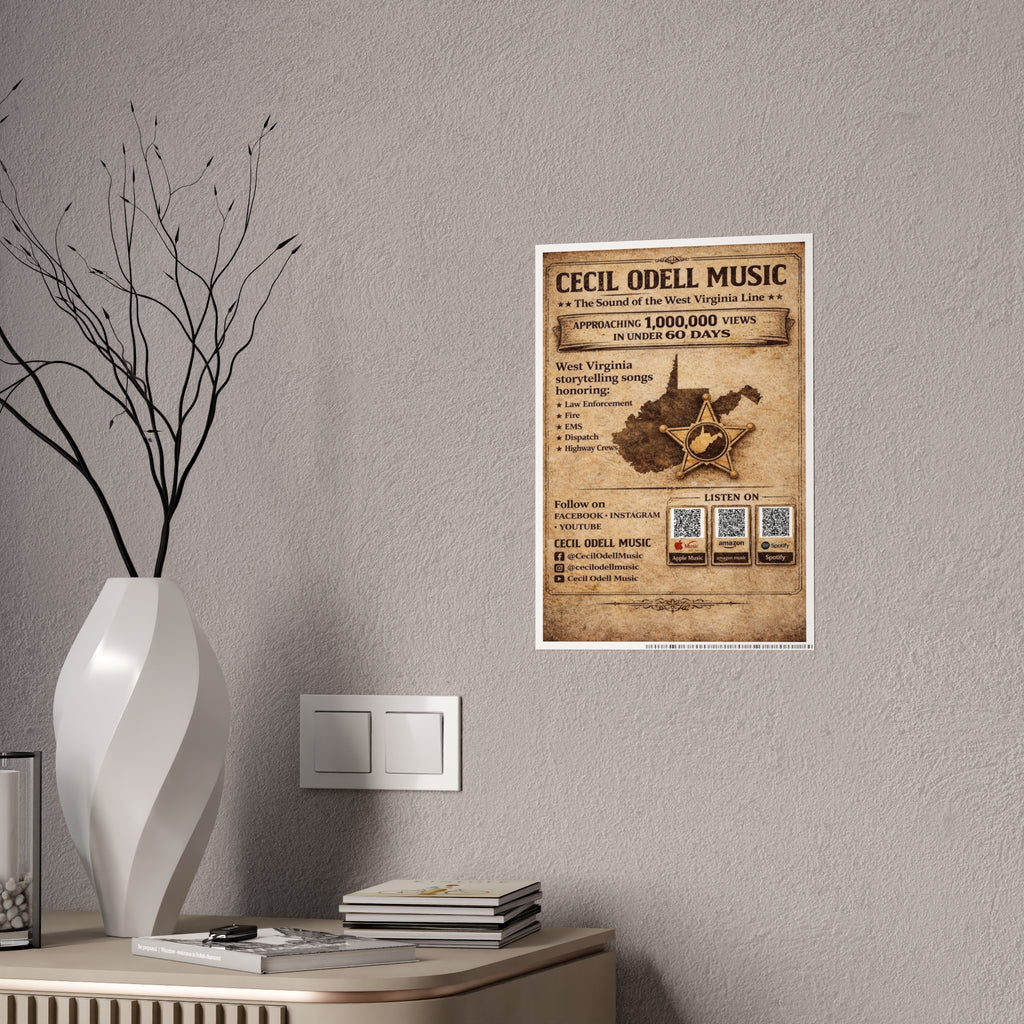 Vintage 'Cecil Odell Music' Gloss Poster: West Virginia Storytelling Music Print