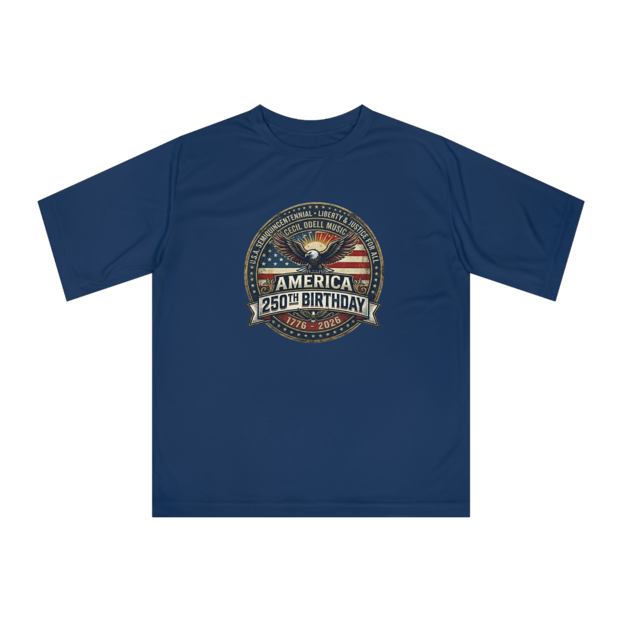 America 250th Birthday Performance T-Shirt — Patriotic Eagle & Badge Tribute