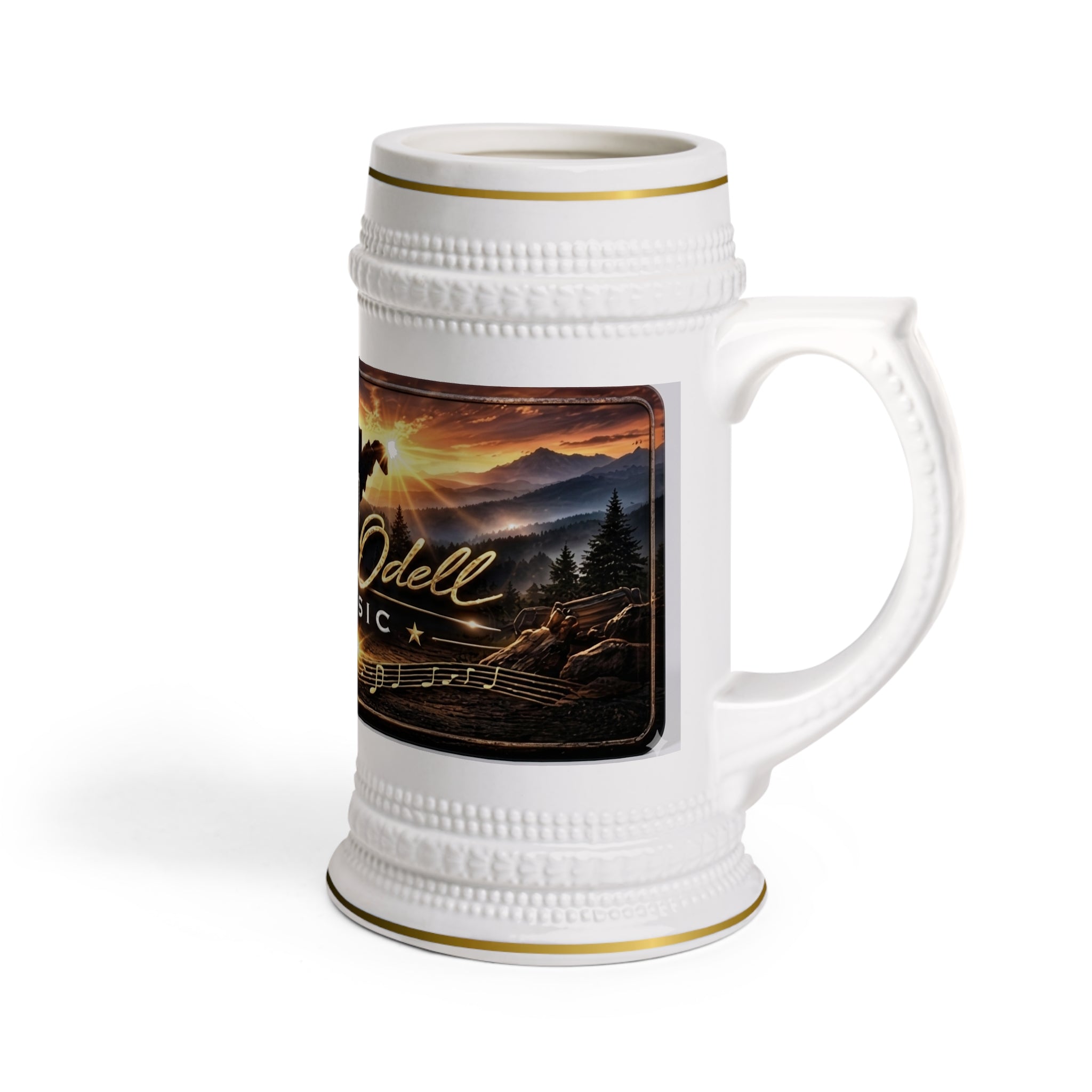 Cecil Odell Music Ceramic Beer Stein: Americana Banjo & Flag Musician Mug