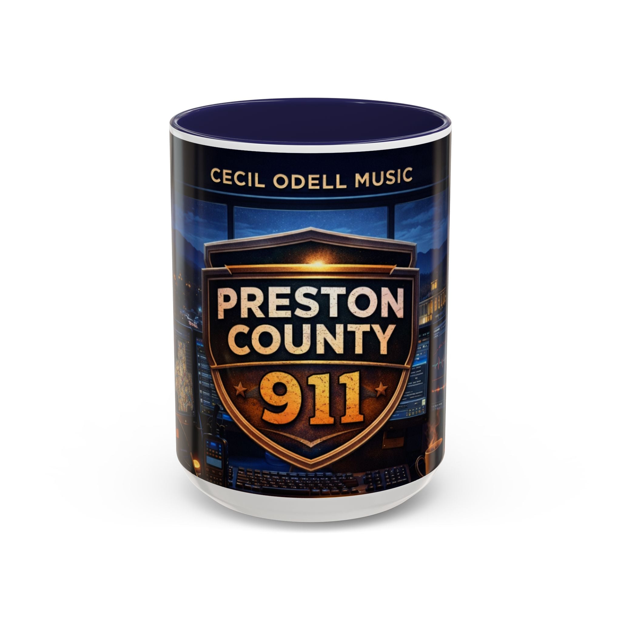 Preston County 911 Coffee Mug: Emergency Dispatch Badge Accent Mug