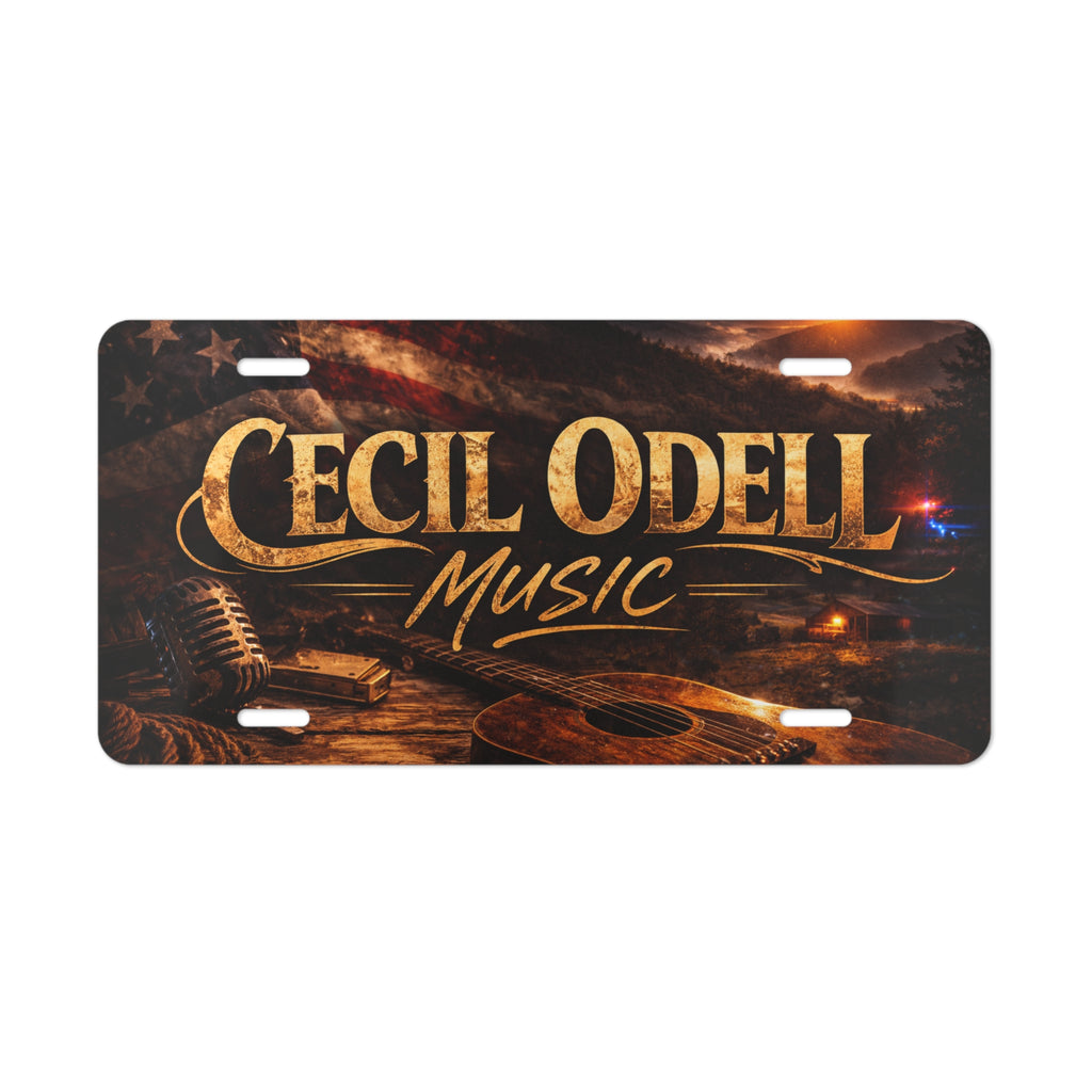 Cecil Odell Music Metal Vanity Plate: Vintage Americana Guitar & Mic License Tag