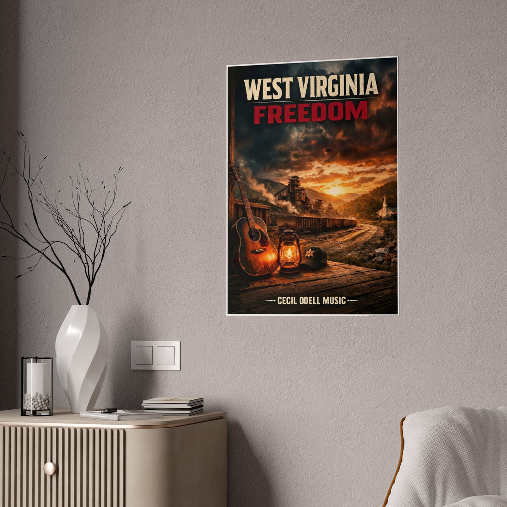 West Virginia Freedom Poster: Rustic Music & Mountain Landscape Print