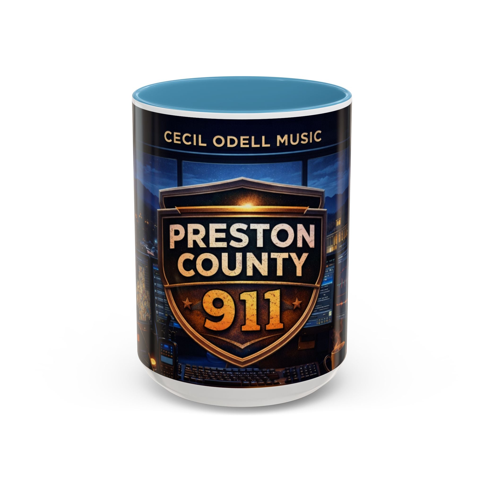 Preston County 911 Coffee Mug: Emergency Dispatch Badge Accent Mug