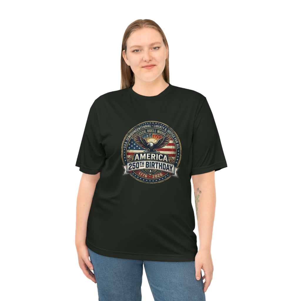 America 250th Birthday Performance T-Shirt: Patriotic Eagle & Badge Tribute