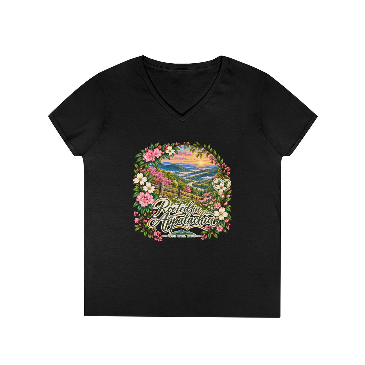 Rooted in Appalachia V-Neck T-Shirt — Scenic Mountain Floral Graphic