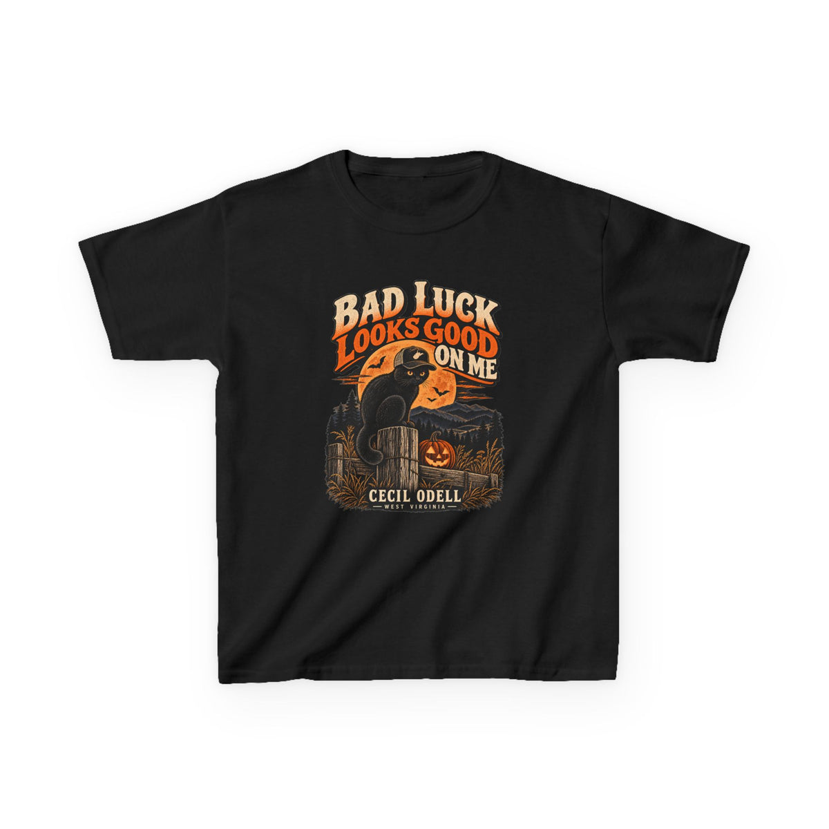 Bad Luck Looks Good on Me Kids Halloween Tee | Cecil Odell