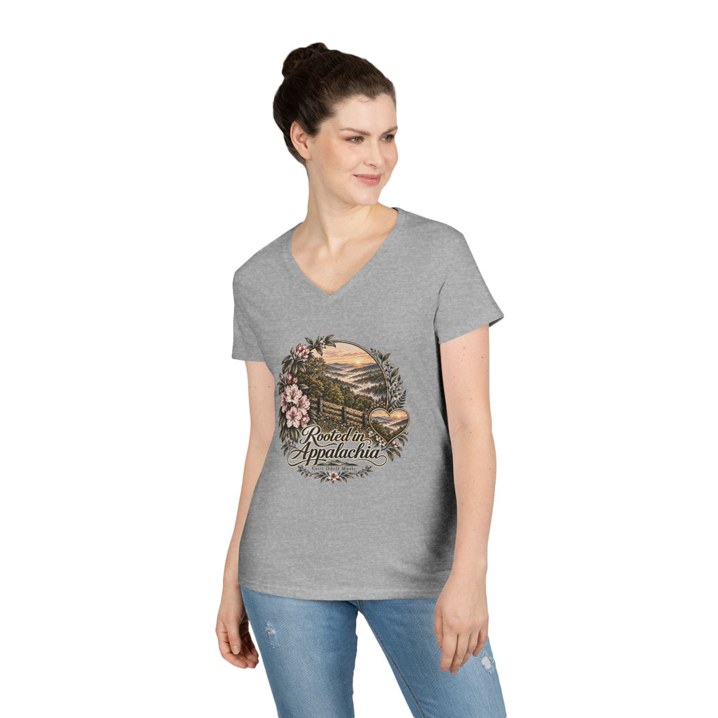 Rooted in Appalachia Ladies' V-Neck T-Shirt – Rustic Mountain Floral Tee