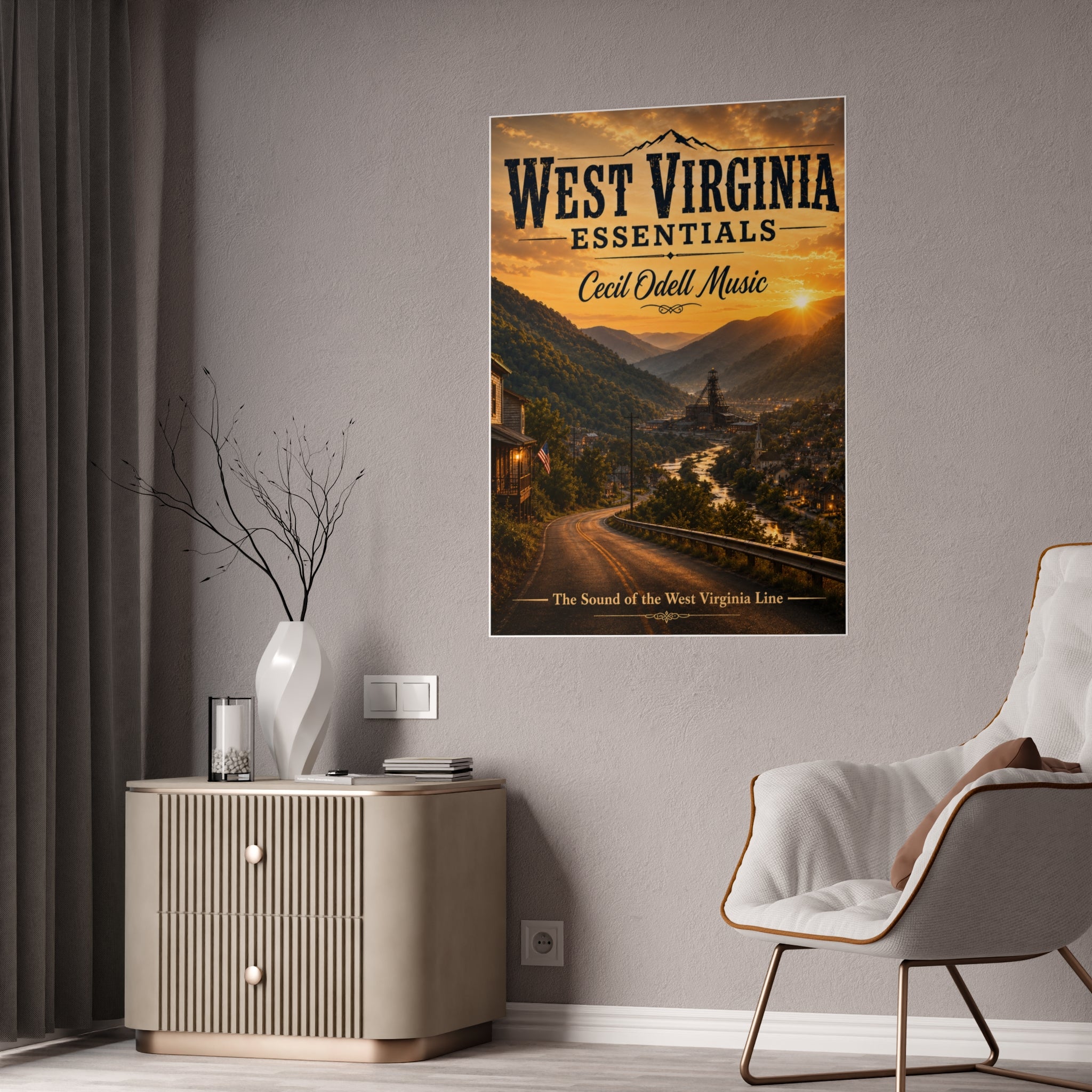 West Virginia Essentials Vintage Sunset Poster — Cecil Odell Music Scenic Wall Art