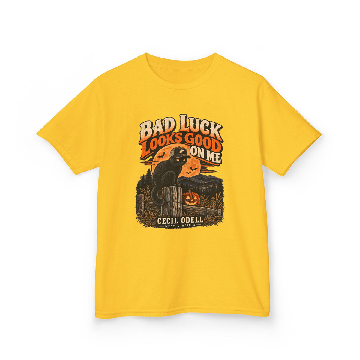Bad Luck Looks Good on Me Kids Halloween Tee | Cecil Odell