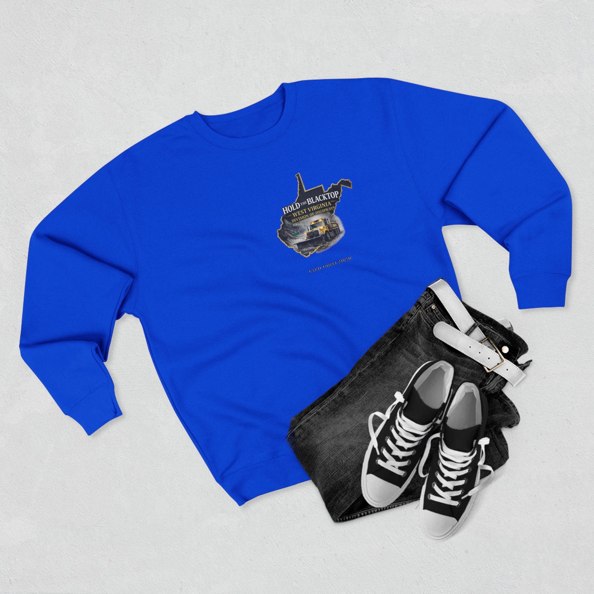 West Virginia Blacktop Crewneck Sweatshirt: 'Hold the Blacktop' State Graphic