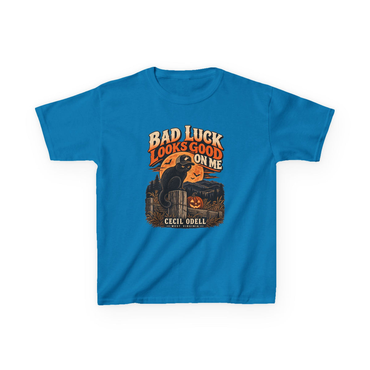Bad Luck Looks Good on Me Kids Halloween Tee | Cecil Odell
