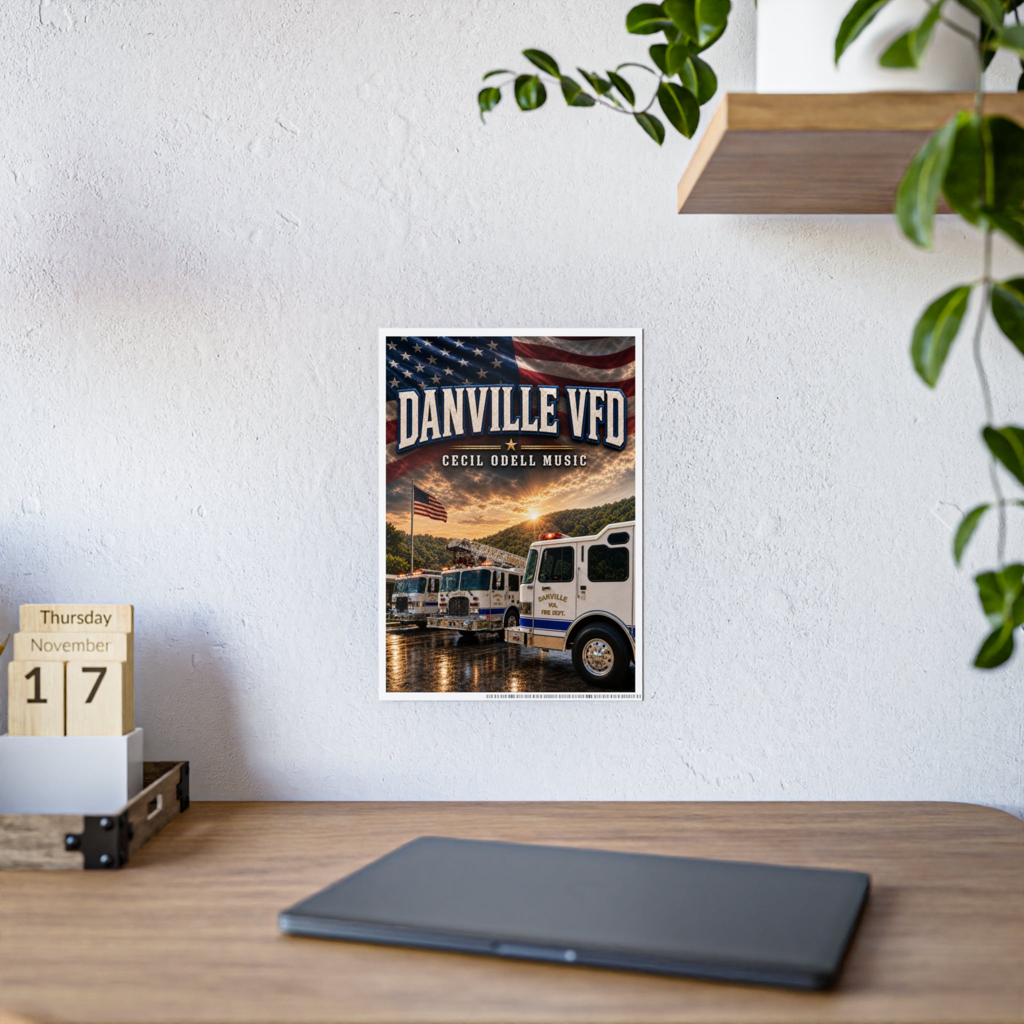 Danville VFD Fire Truck Gloss Poster: American Flag Memorial Wall Art
