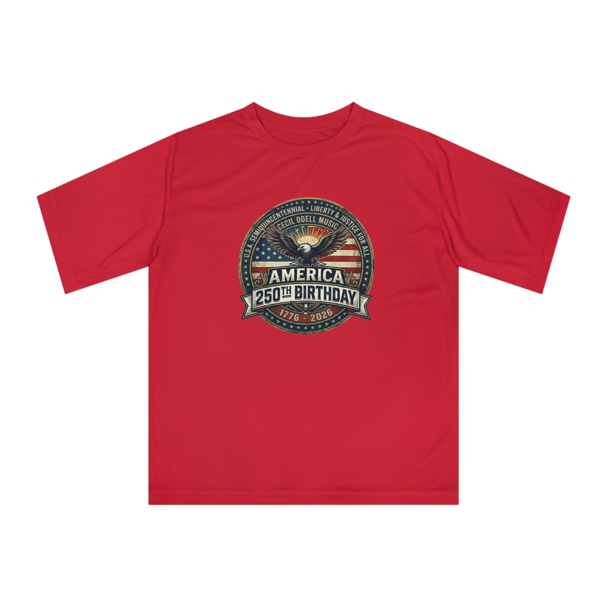 America 250th Birthday Performance T-Shirt — Patriotic Eagle & Badge Tribute