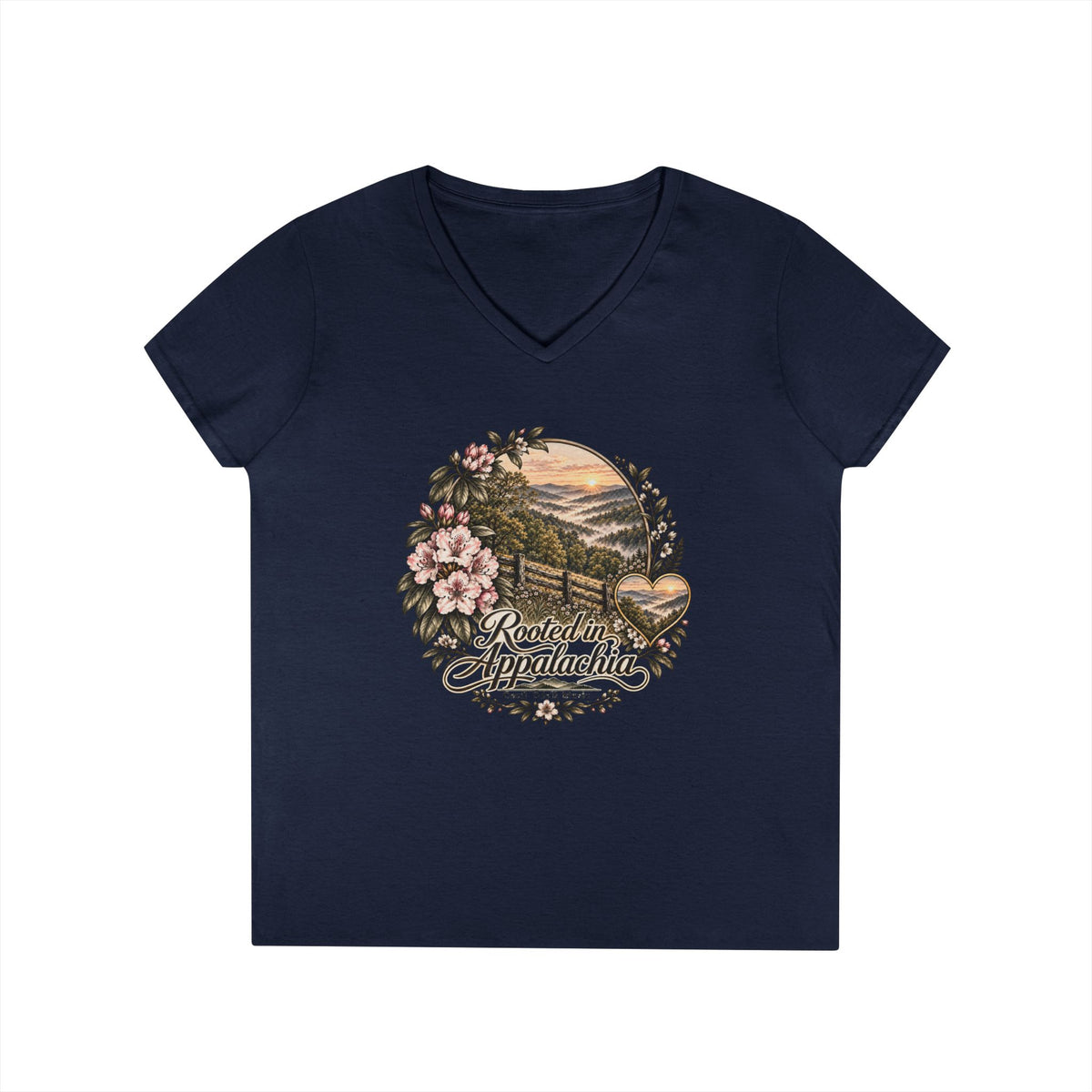 Rooted in Appalachia Ladies' V-Neck T-Shirt – Rustic Mountain Floral Tee