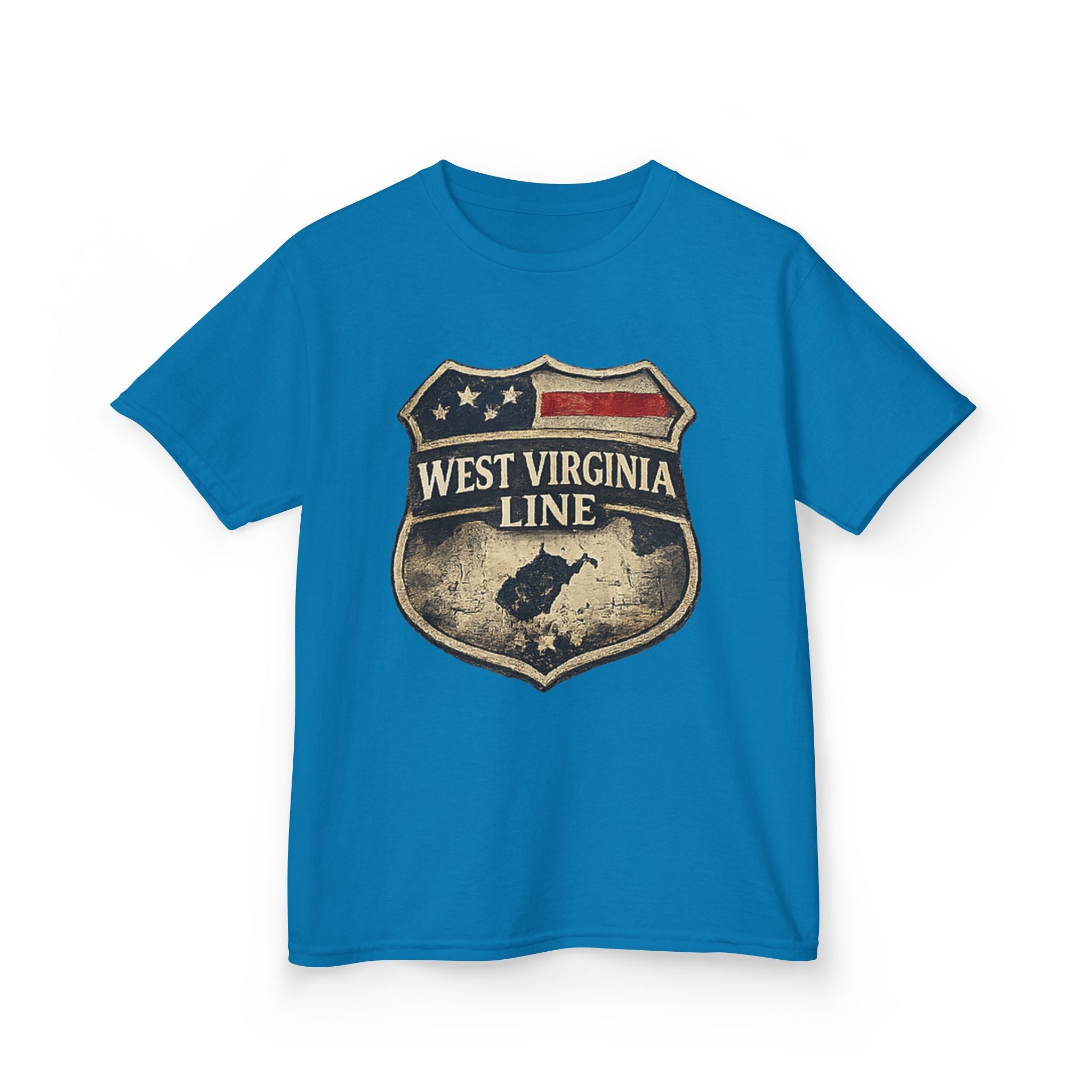 Kids T‑Shirt: Vintage West Virginia Line Badge with Eagle & American Flag