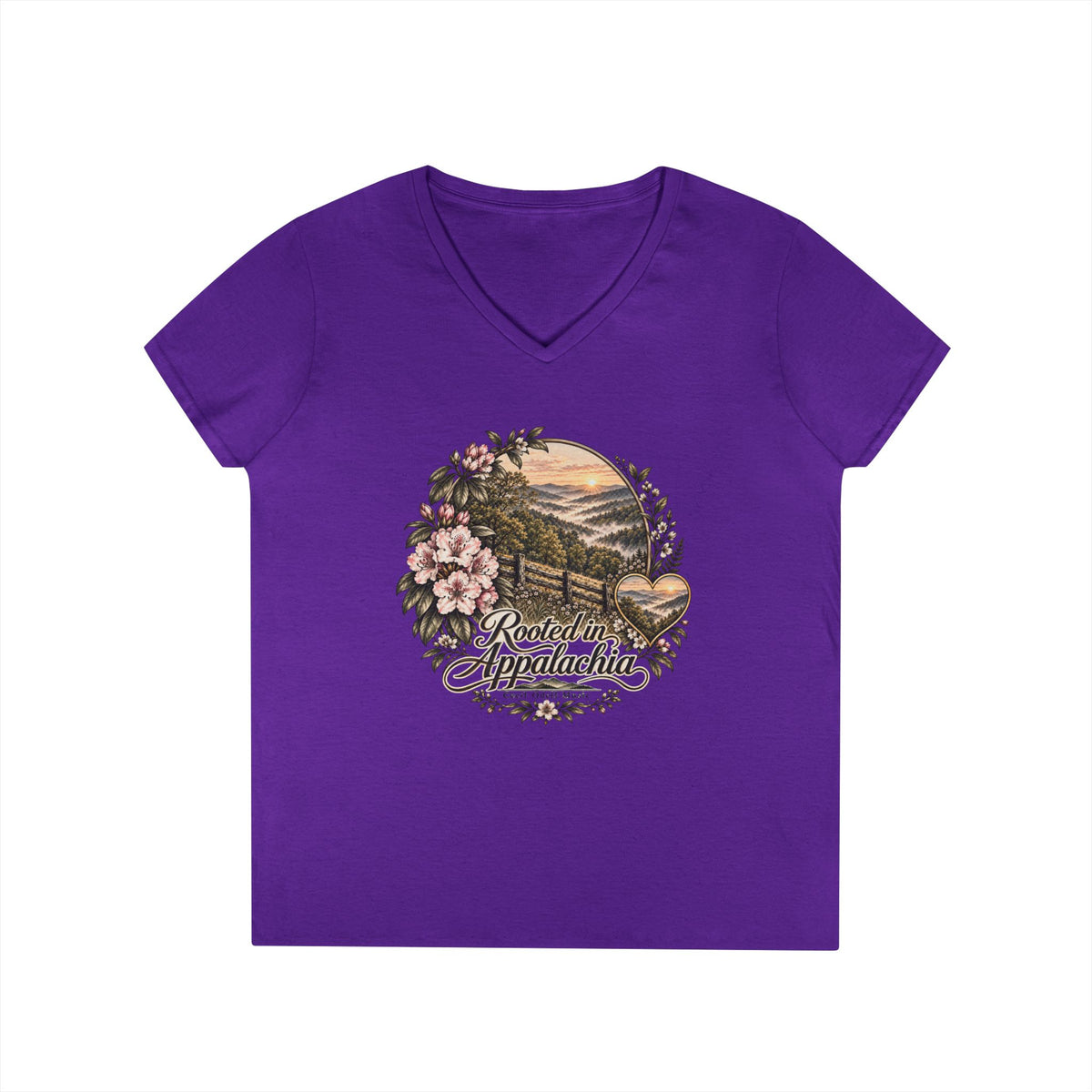 Rooted in Appalachia Ladies' V-Neck T-Shirt – Rustic Mountain Floral Tee