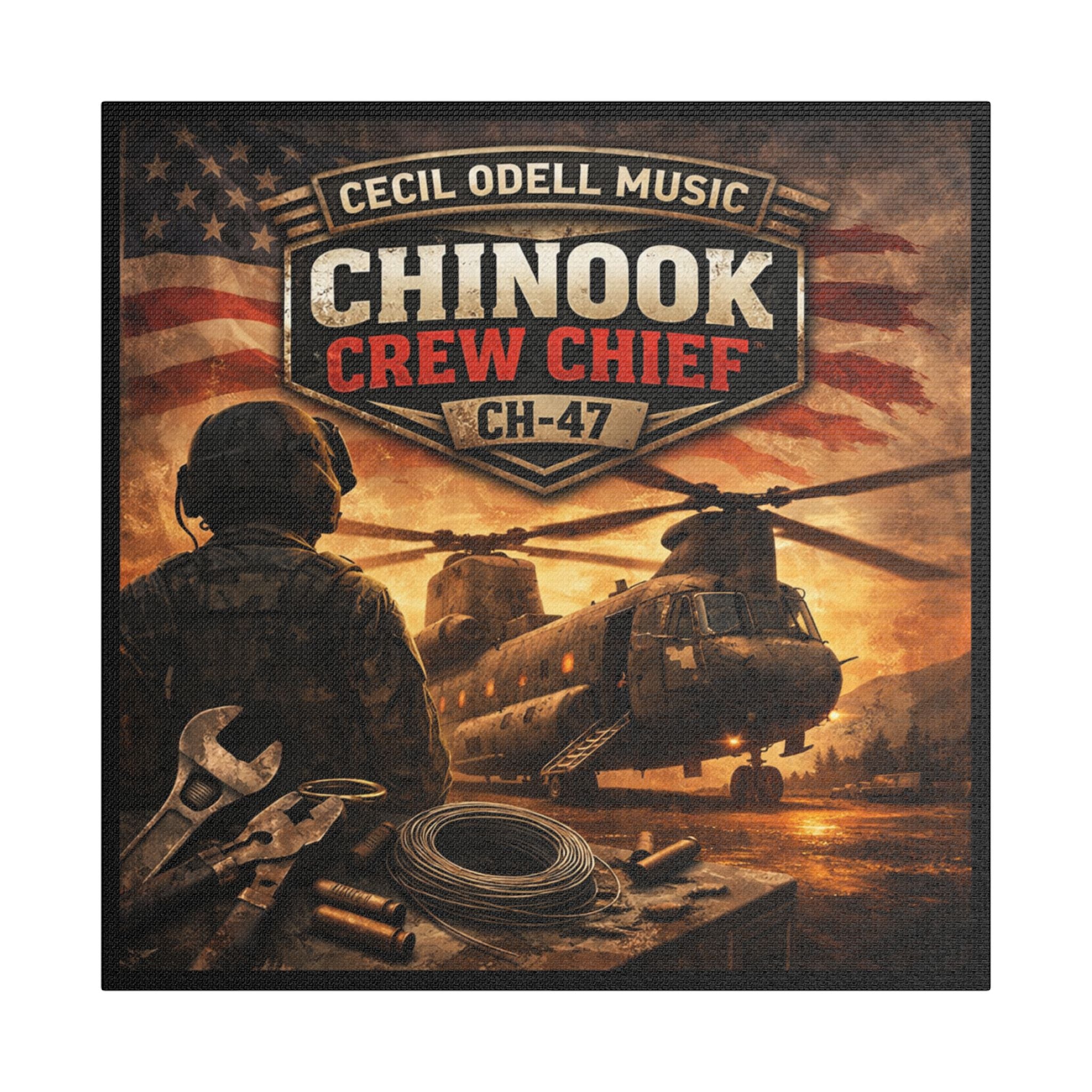 Chinook Crew Chief CH-47 Satin Stretched Canvas Wall Art