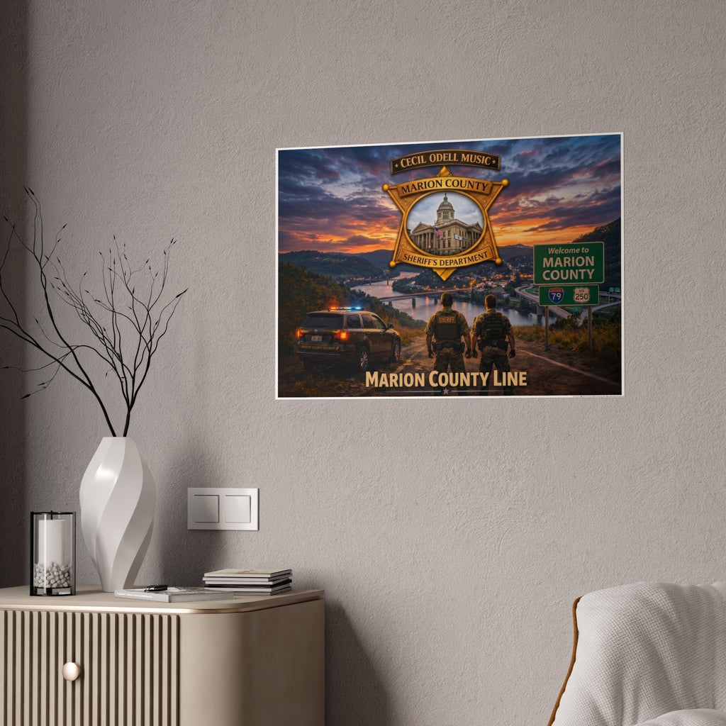 Marion County Line Police Badge Gloss Poster: Sheriff Dept. Scenic Sunset Print