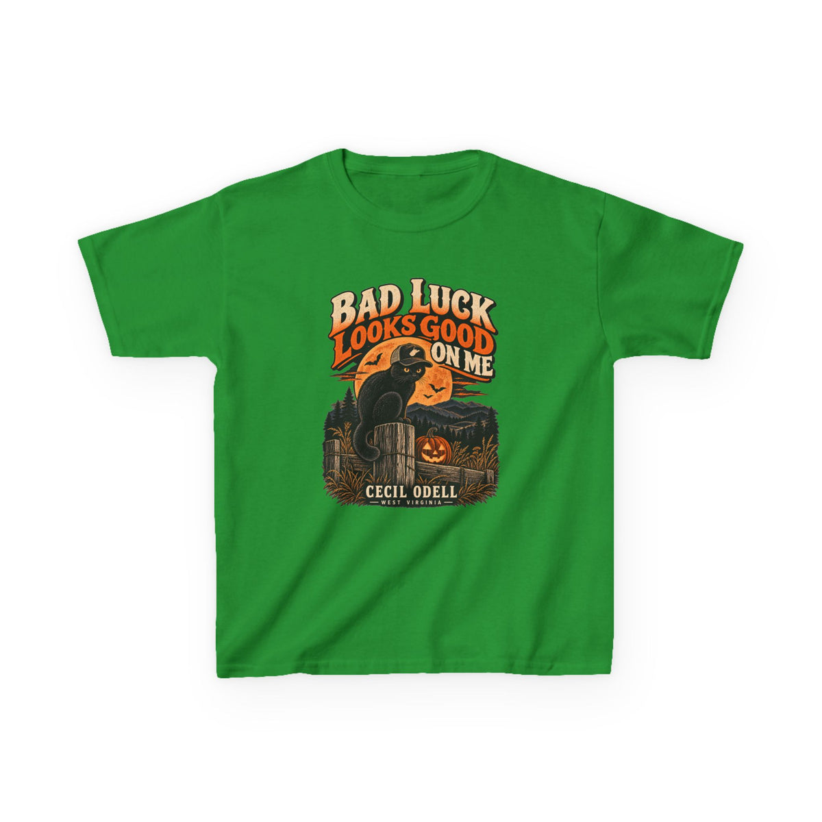 Bad Luck Looks Good on Me Kids Halloween Tee | Cecil Odell