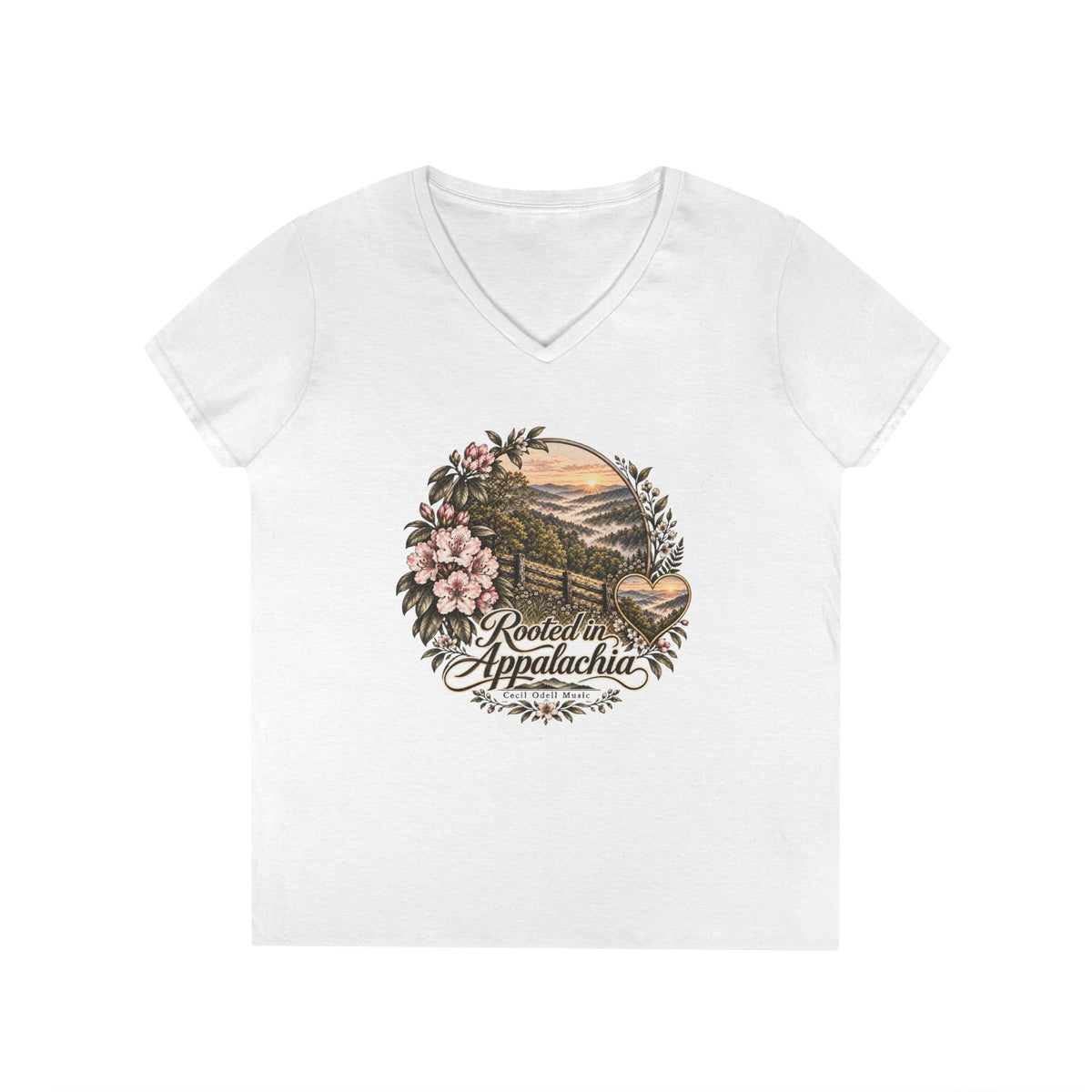 Rooted in Appalachia Ladies' V-Neck T-Shirt – Rustic Mountain Floral Tee