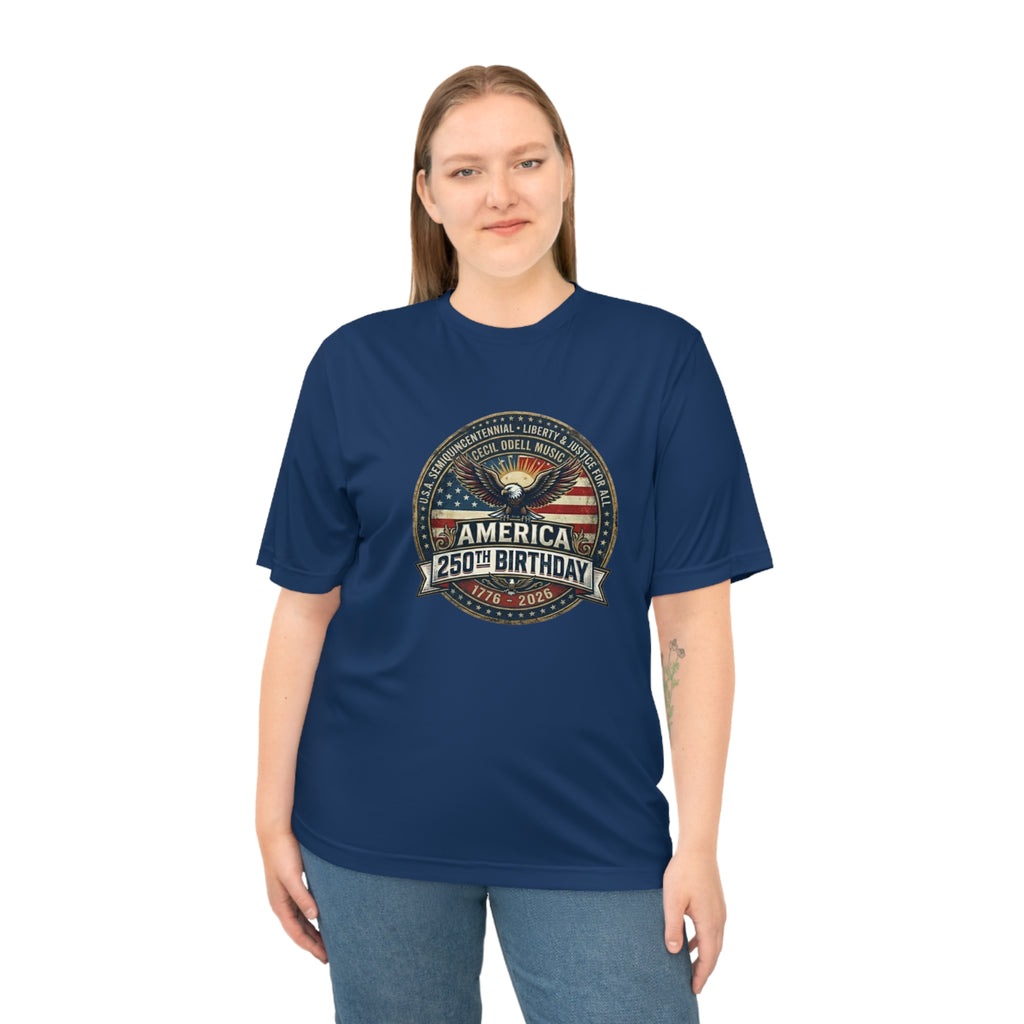 America 250th Birthday Performance T-Shirt: Patriotic Eagle & Badge Tribute