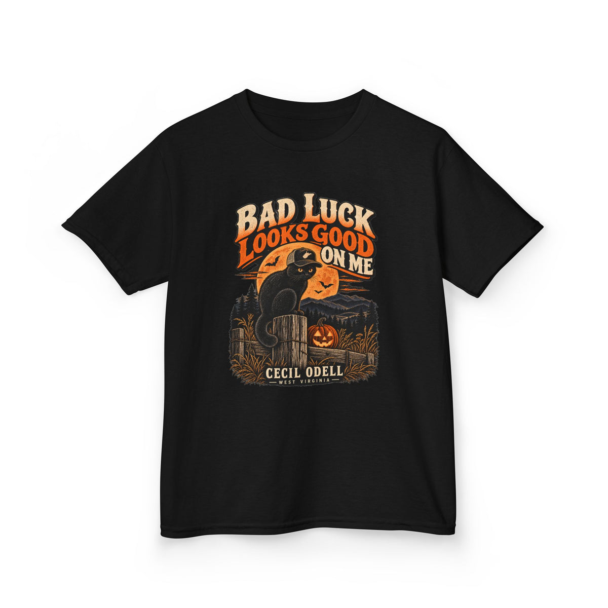 Bad Luck Looks Good on Me Kids Halloween Tee | Cecil Odell