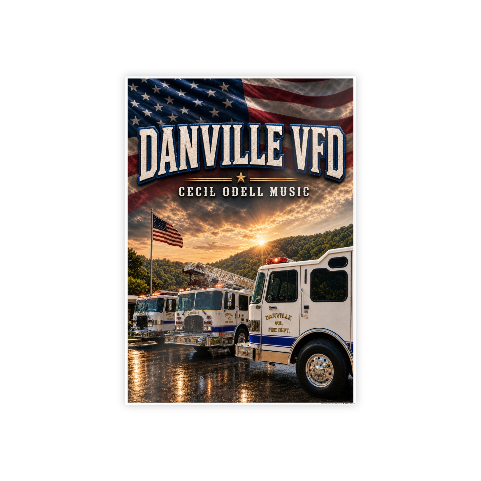 Danville VFD Fire Truck Gloss Poster: American Flag Memorial Wall Art