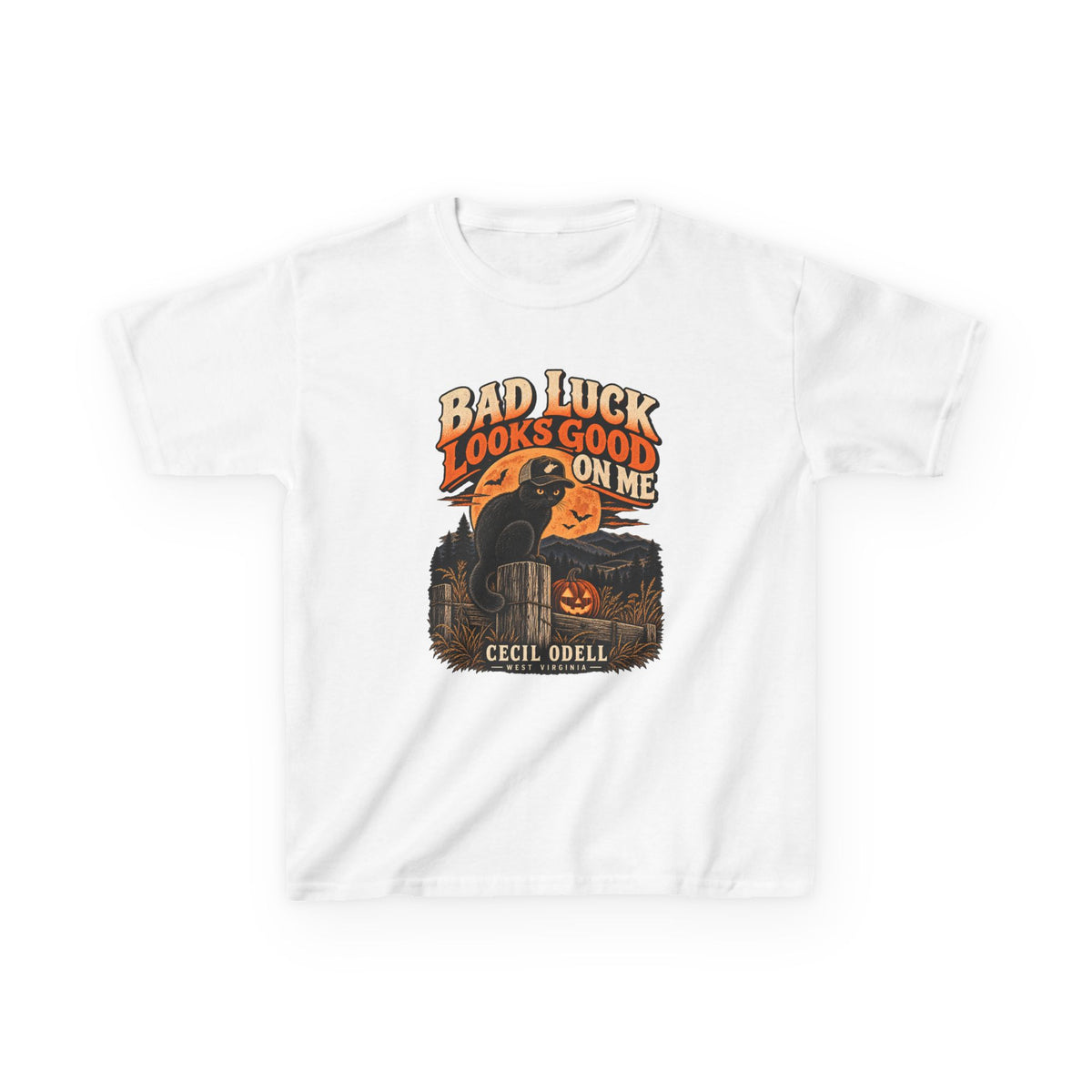 Bad Luck Looks Good on Me Kids Halloween Tee | Cecil Odell
