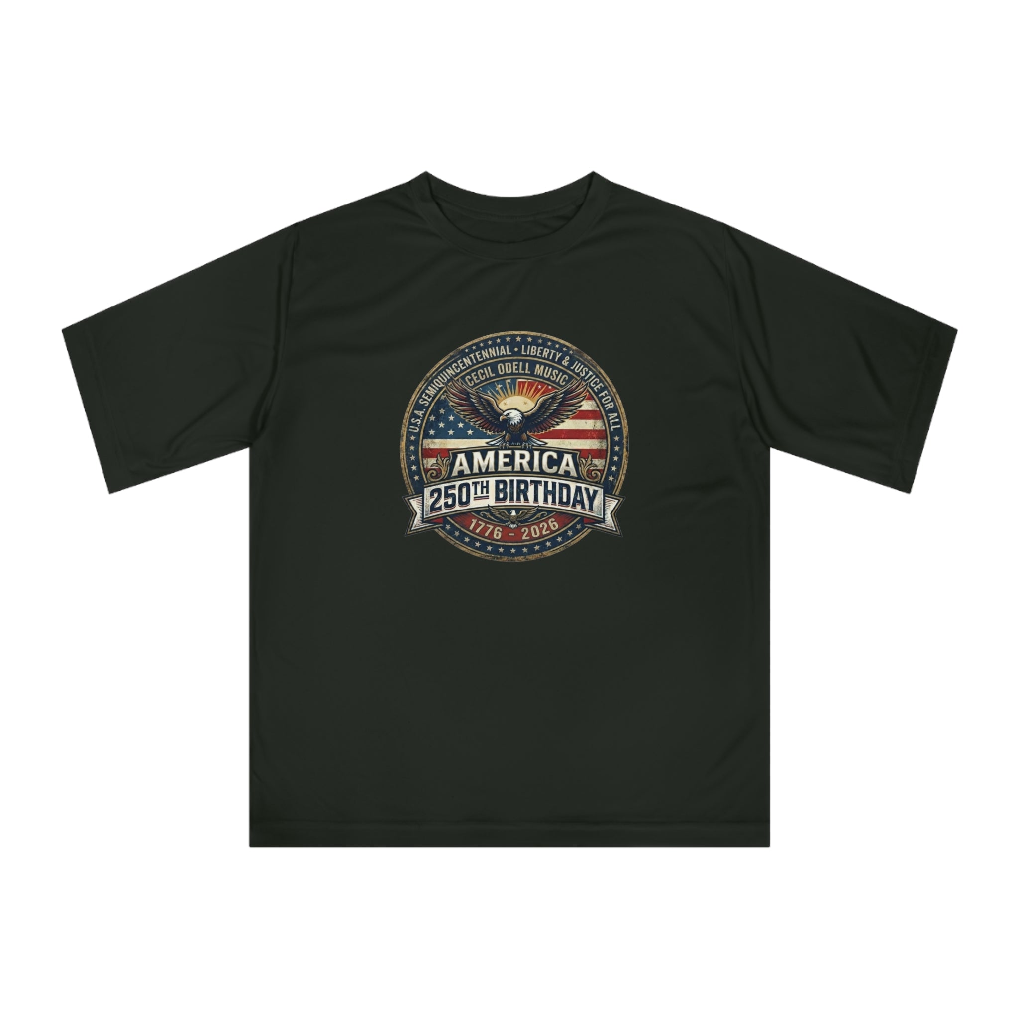America 250th Birthday Performance T-Shirt — Patriotic Eagle & Badge Tribute