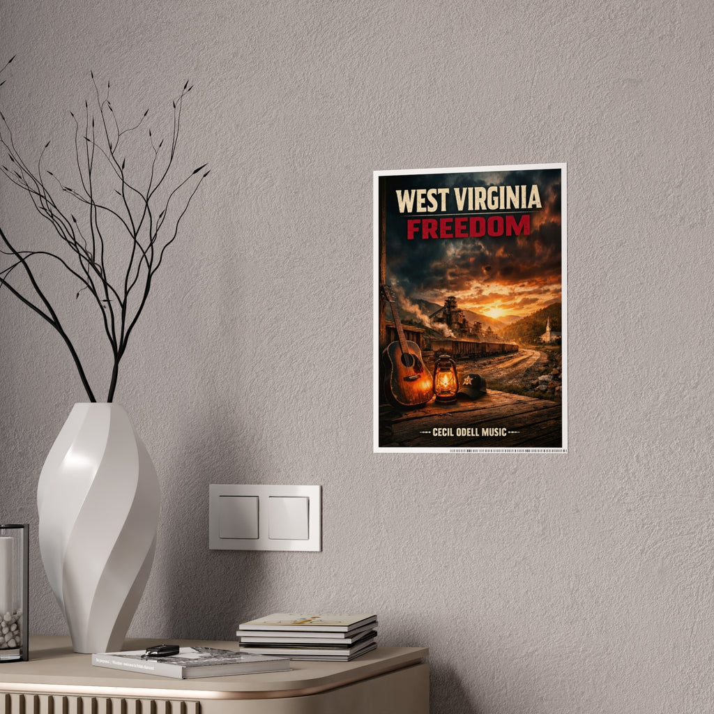 West Virginia Freedom Poster: Rustic Music & Mountain Landscape Print