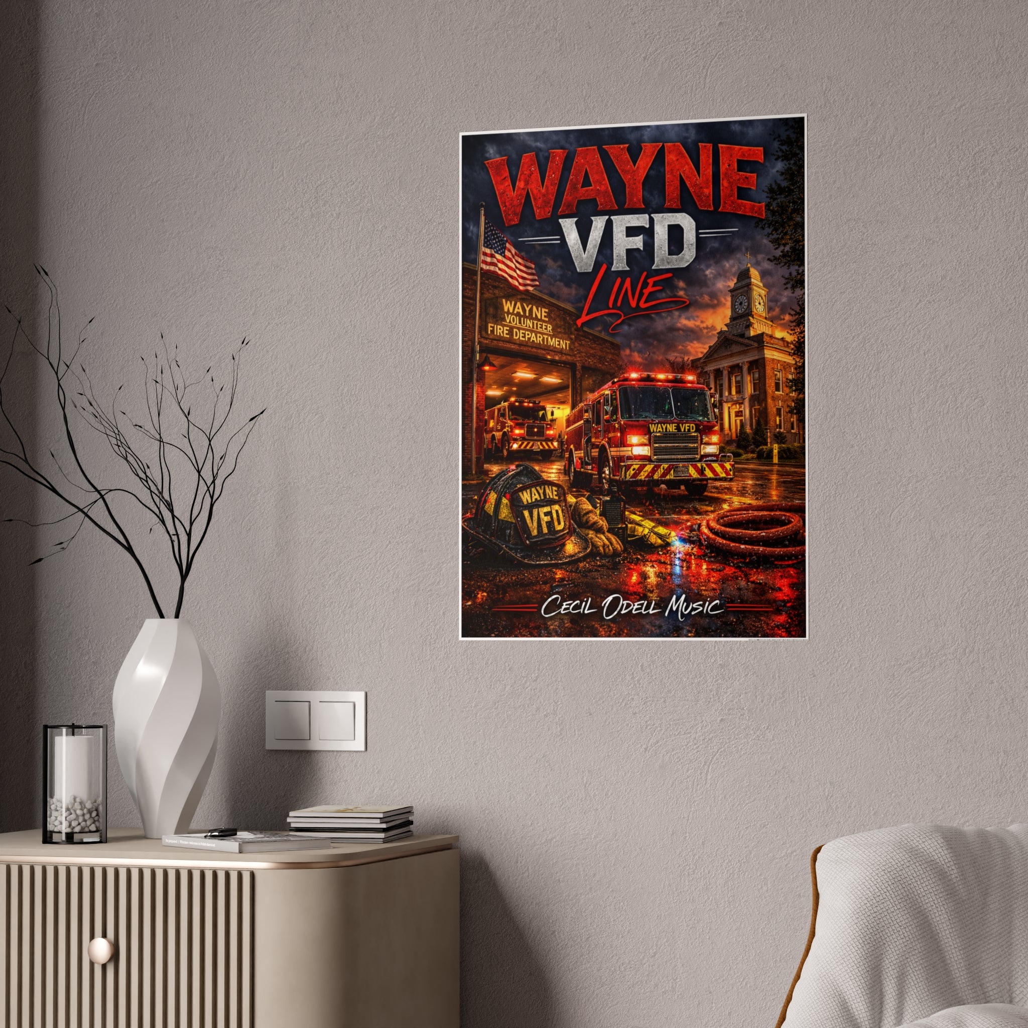 Wayne VFD Line Gloss Poster: Firefighter Station Art Print