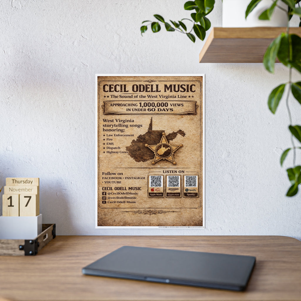 Vintage 'Cecil Odell Music' Gloss Poster: West Virginia Storytelling Music Print