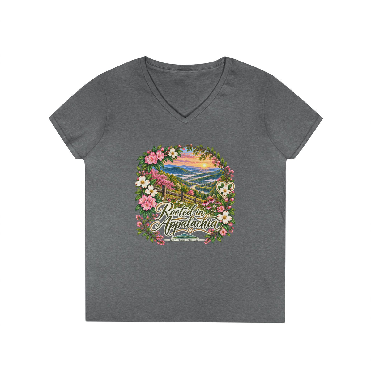 Rooted in Appalachia V-Neck T-Shirt — Scenic Mountain Floral Graphic
