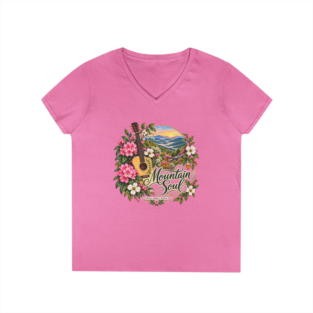 Mountain Soul V-Neck Tee — Floral Guitar Scenic Women's T-Shirt