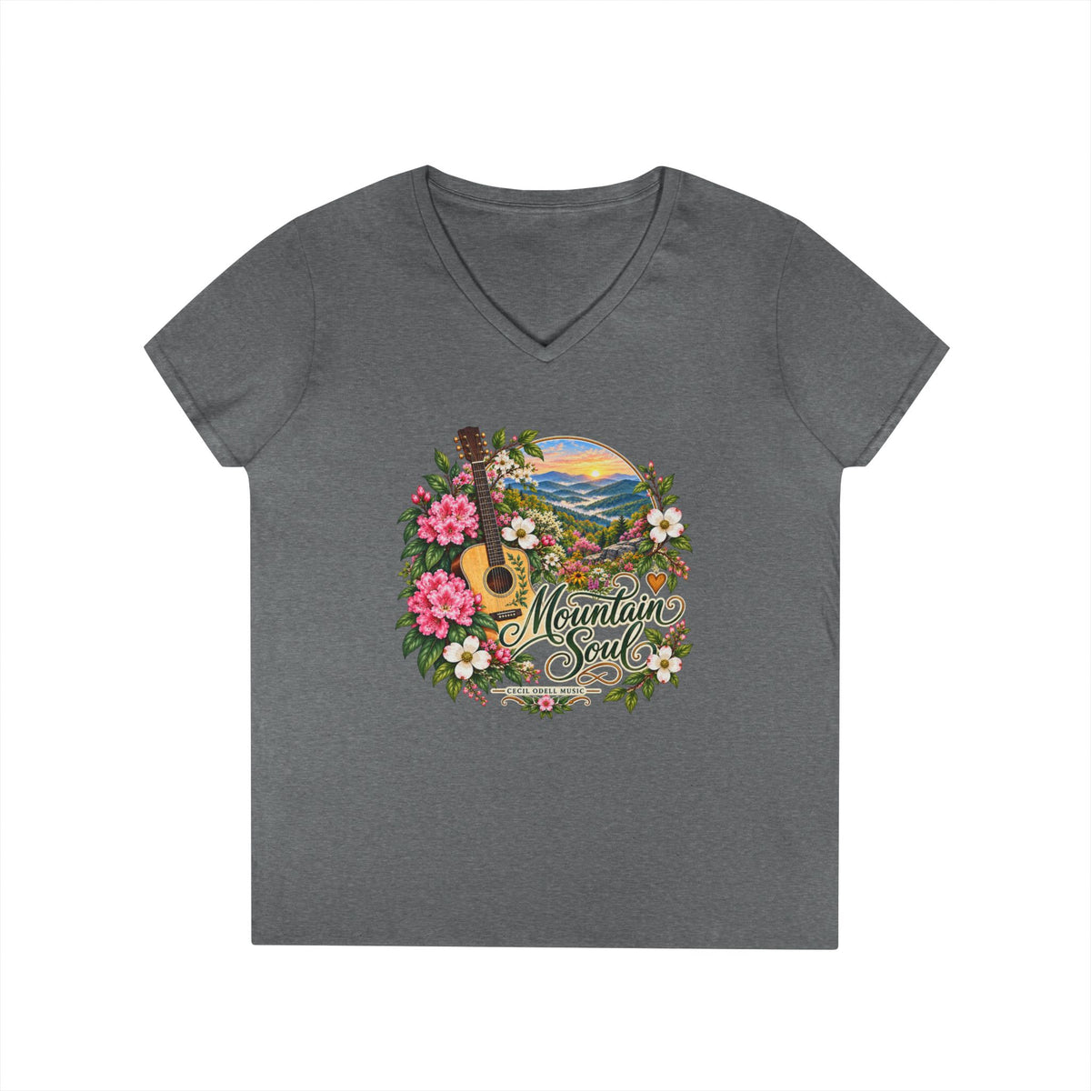 Mountain Soul V-Neck Tee — Floral Guitar Scenic Women's T-Shirt
