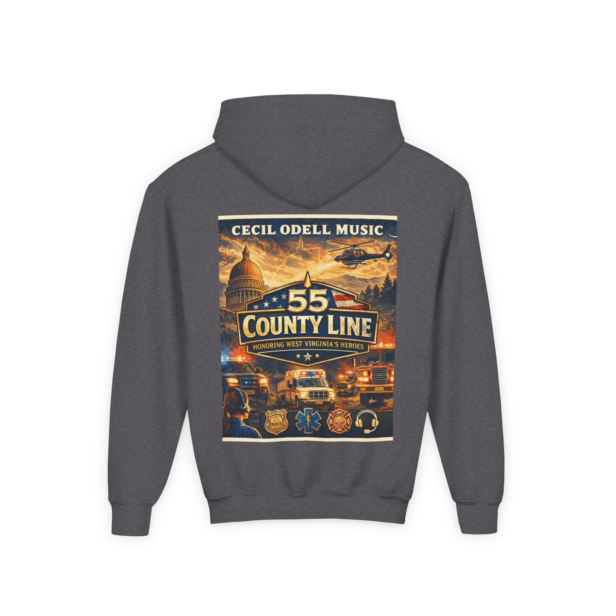 Youth Hoodie - '55 County Line' West Virginia Line Music Graphic Pullover