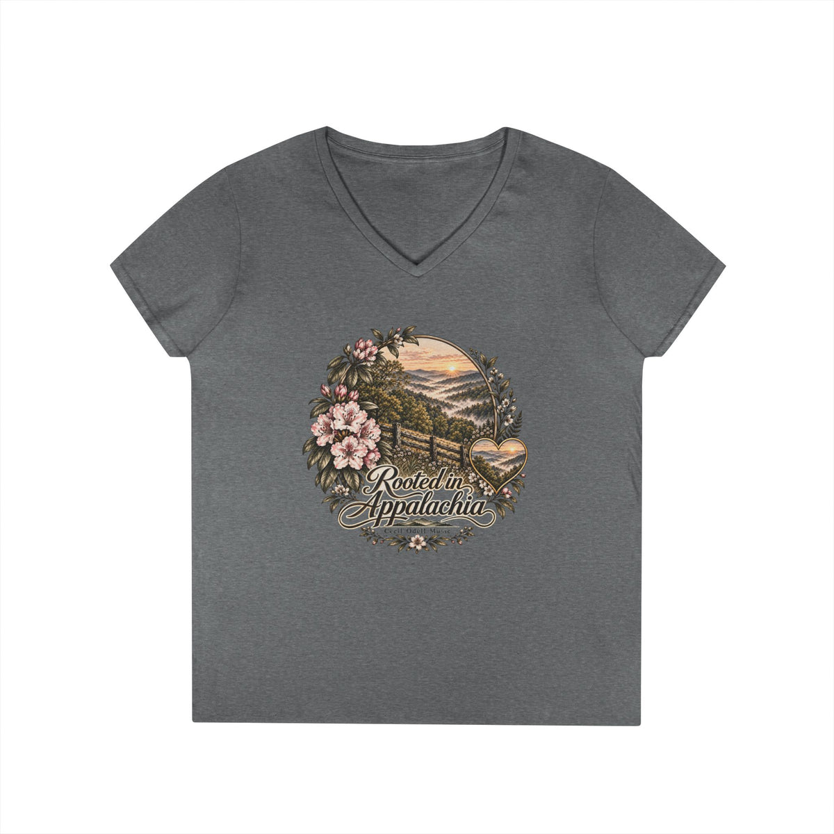 Rooted in Appalachia Ladies' V-Neck T-Shirt – Rustic Mountain Floral Tee