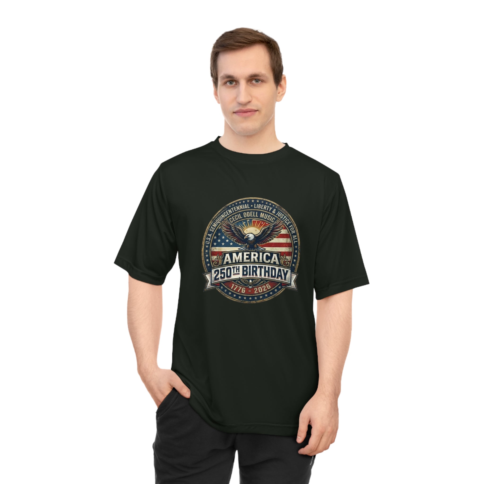 America 250th Birthday Performance T-Shirt: Patriotic Eagle & Badge Tribute