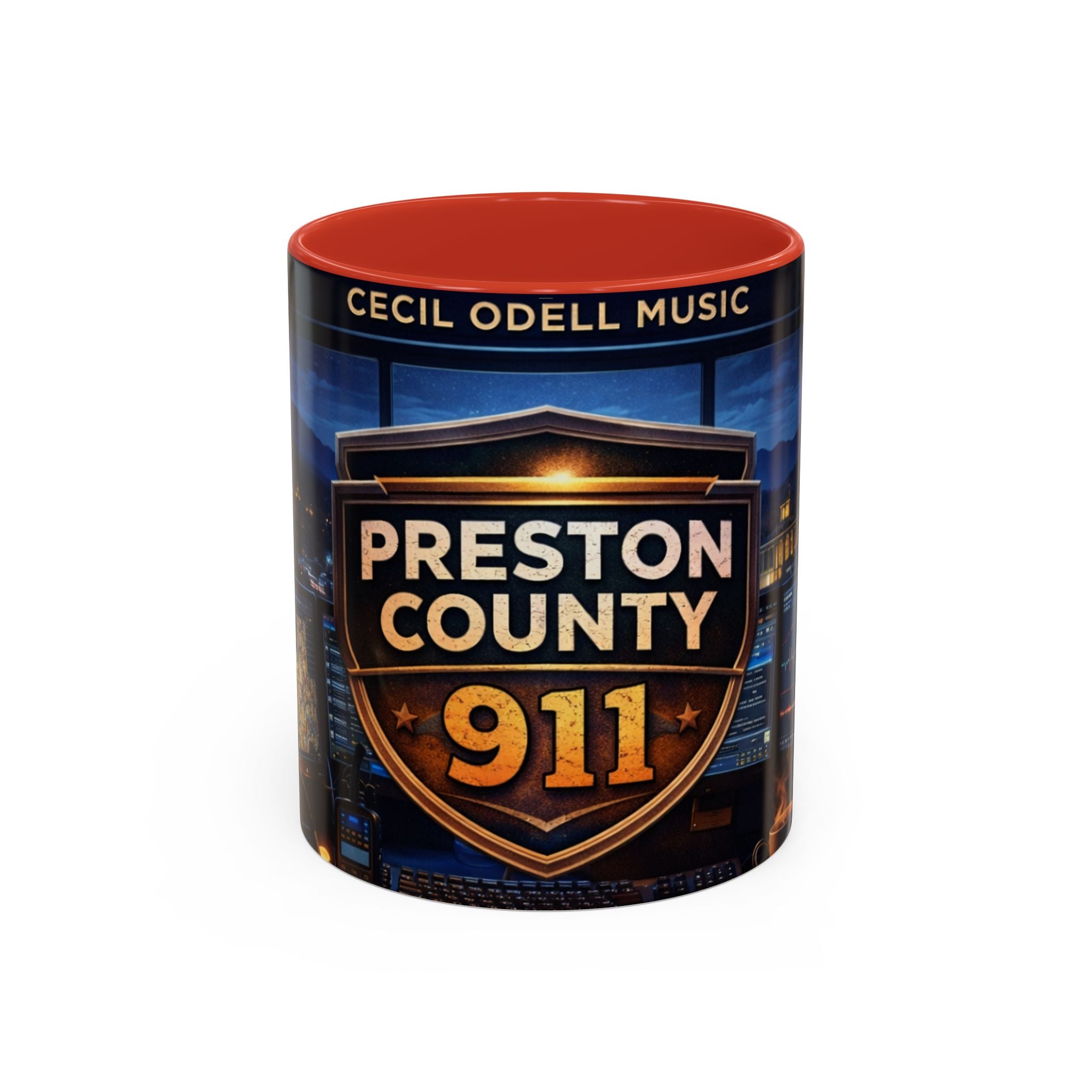 Preston County 911 Coffee Mug: Emergency Dispatch Badge Accent Mug