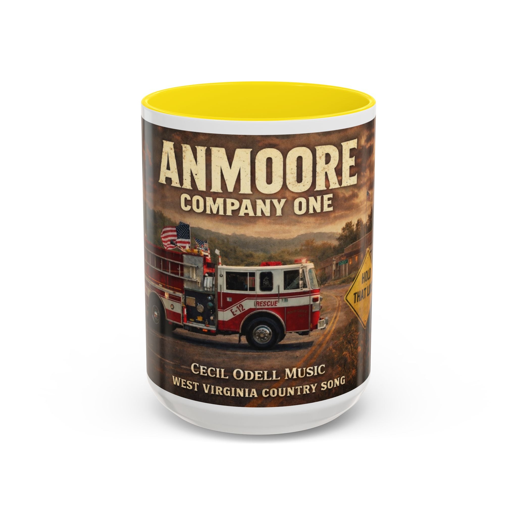 Anmoore Company One Firetruck Accent Coffee Mug – 'Hold That Line' West Virginia Country Music Tribute