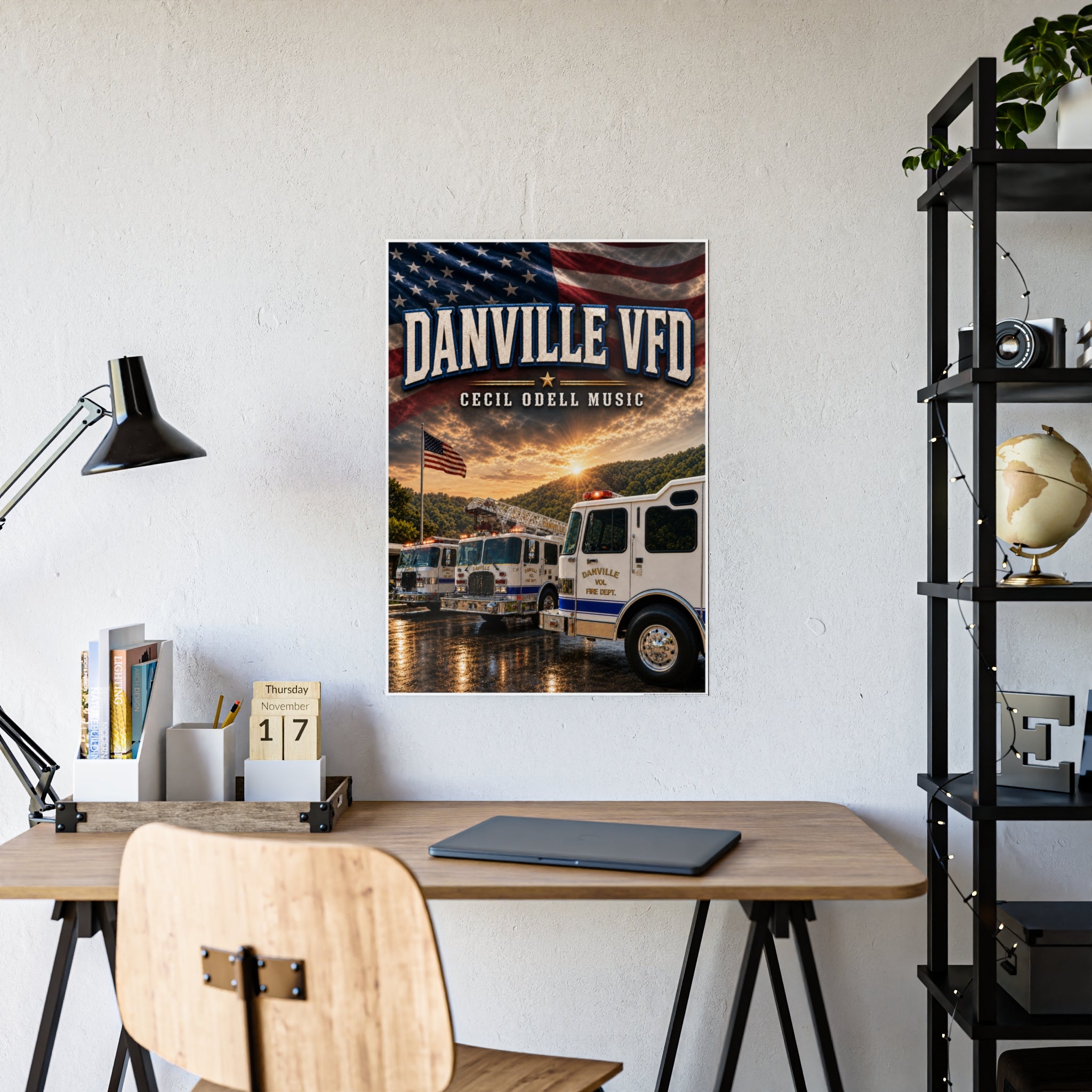 Danville VFD Fire Truck Gloss Poster: American Flag Memorial Wall Art