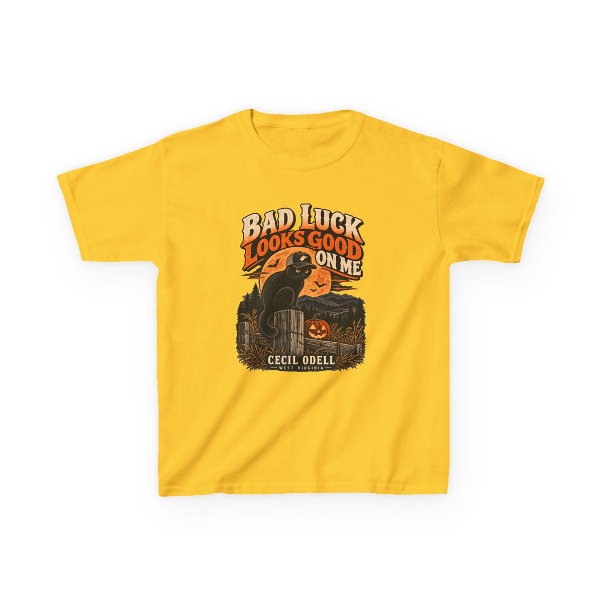 Bad Luck Looks Good on Me Kids Halloween Tee | Cecil Odell