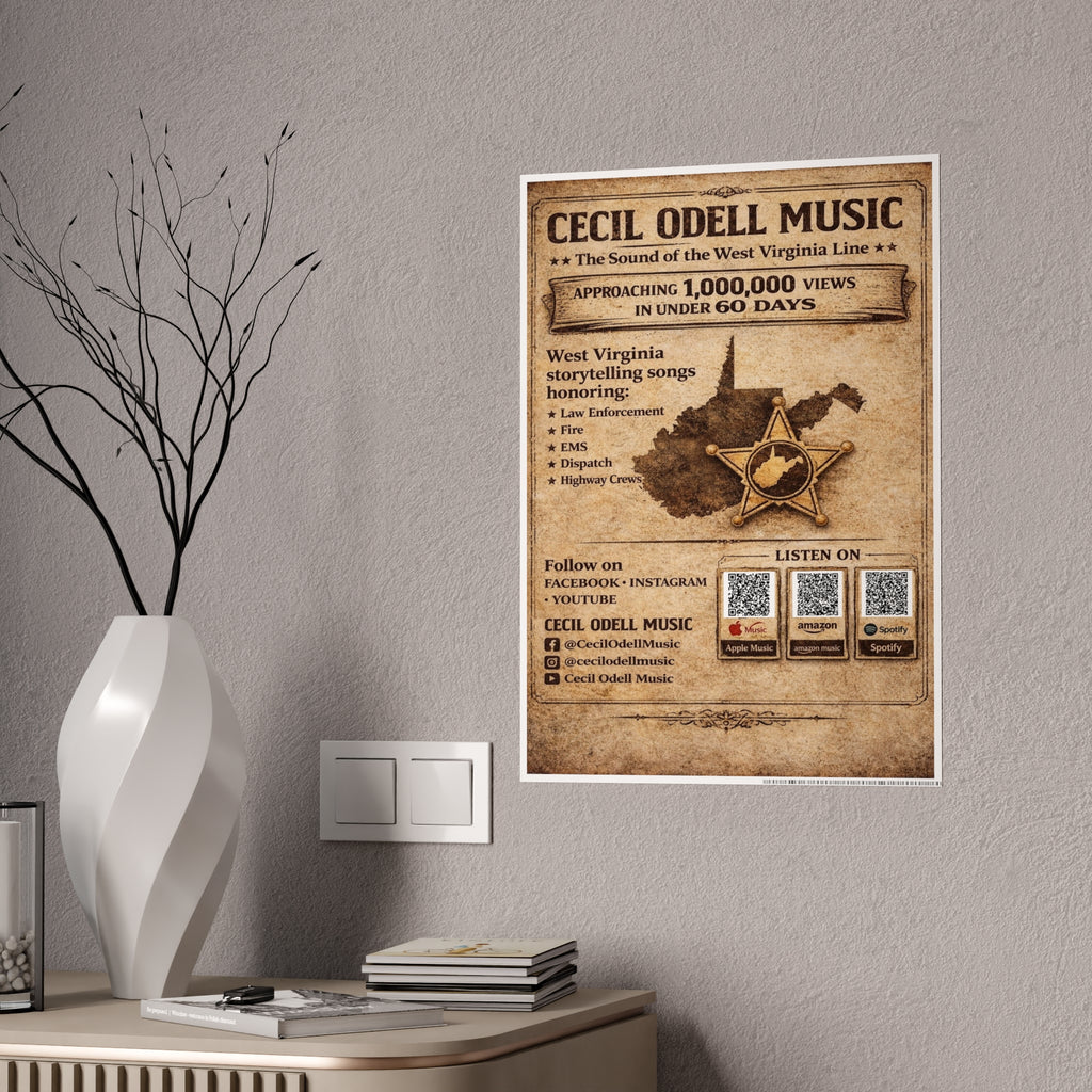 Vintage 'Cecil Odell Music' Gloss Poster: West Virginia Storytelling Music Print